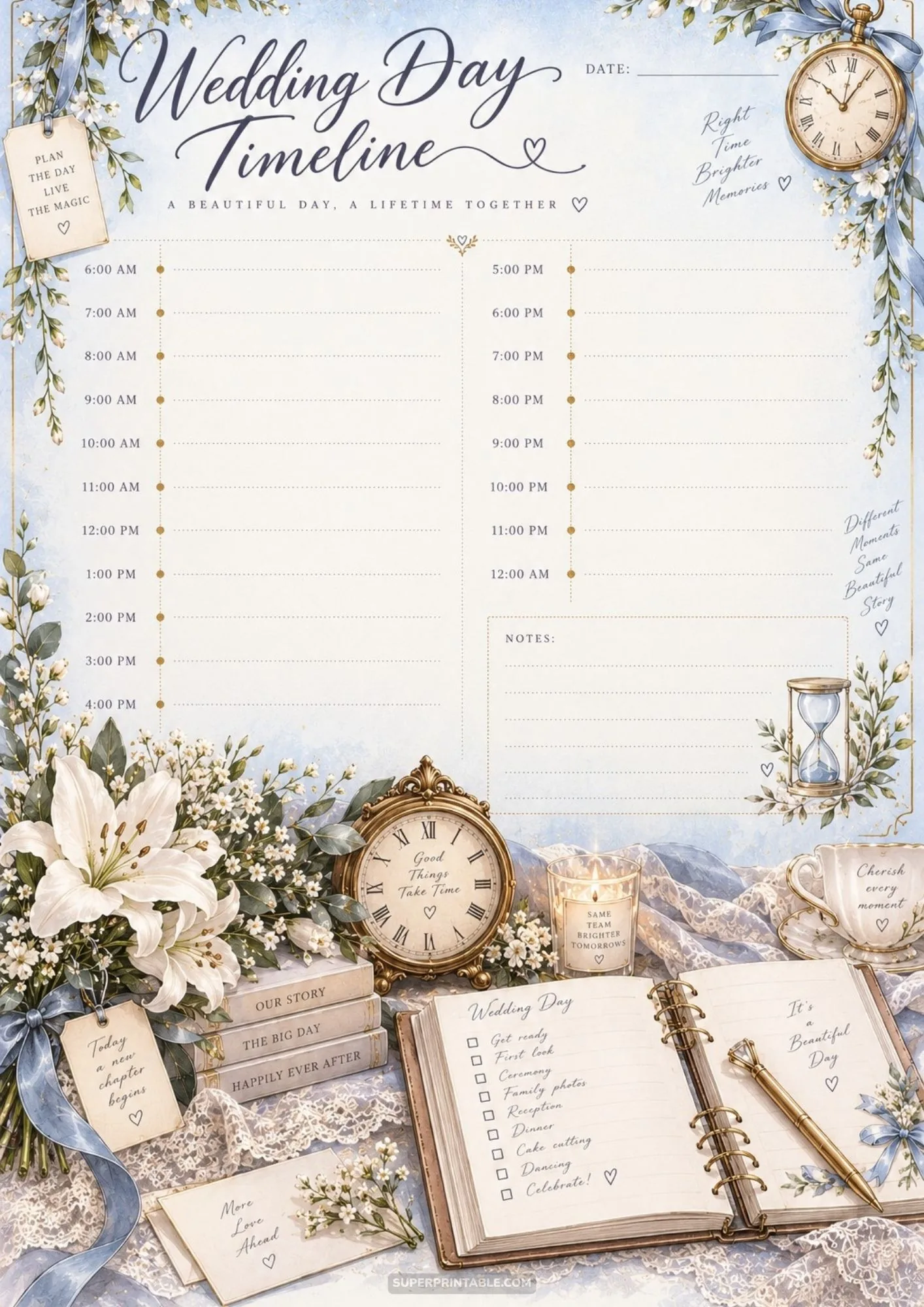 Printable wedding timeline sheets with hourly schedules and floral decorations.
