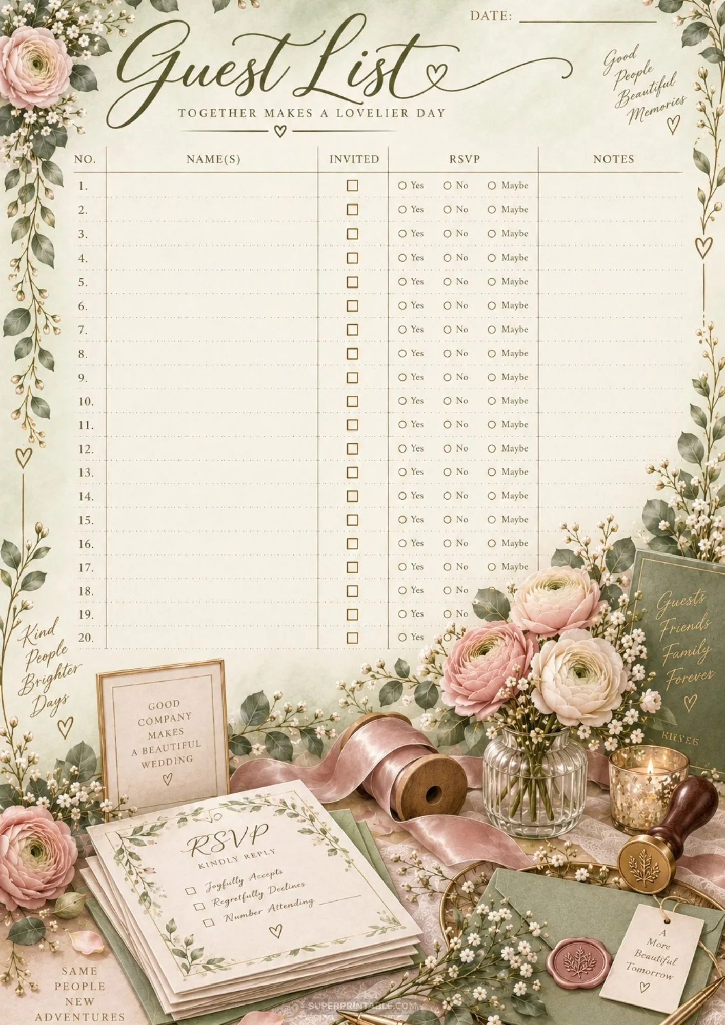 Soft green floral printable guest list sheet with RSVP cards and candle