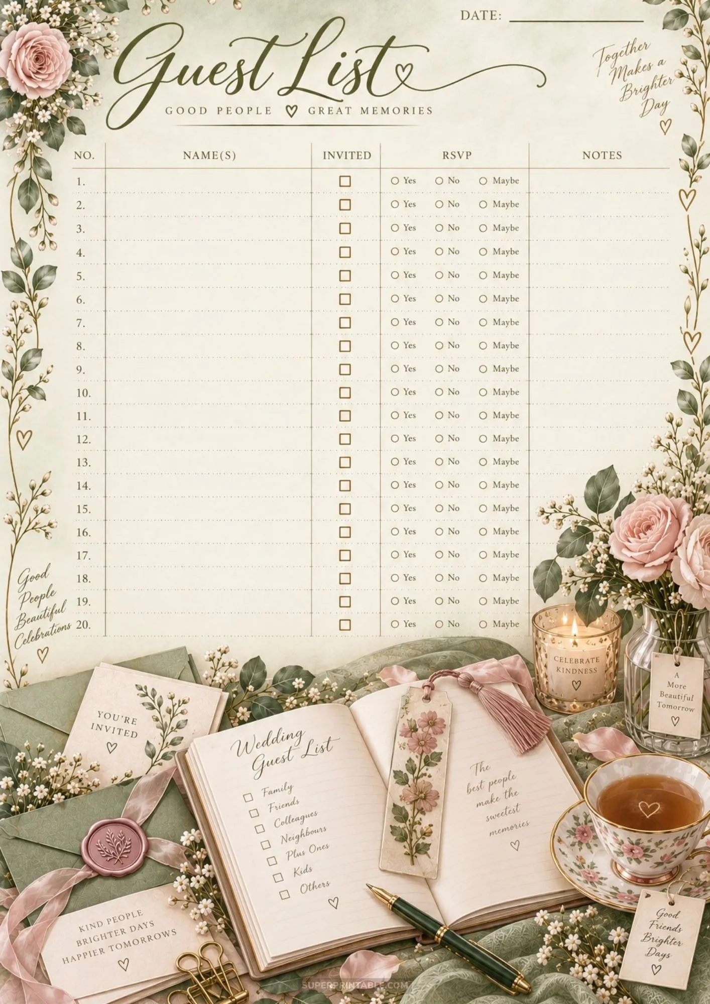 Vintage styled printable guest list sheet alongside logbook and tea cup