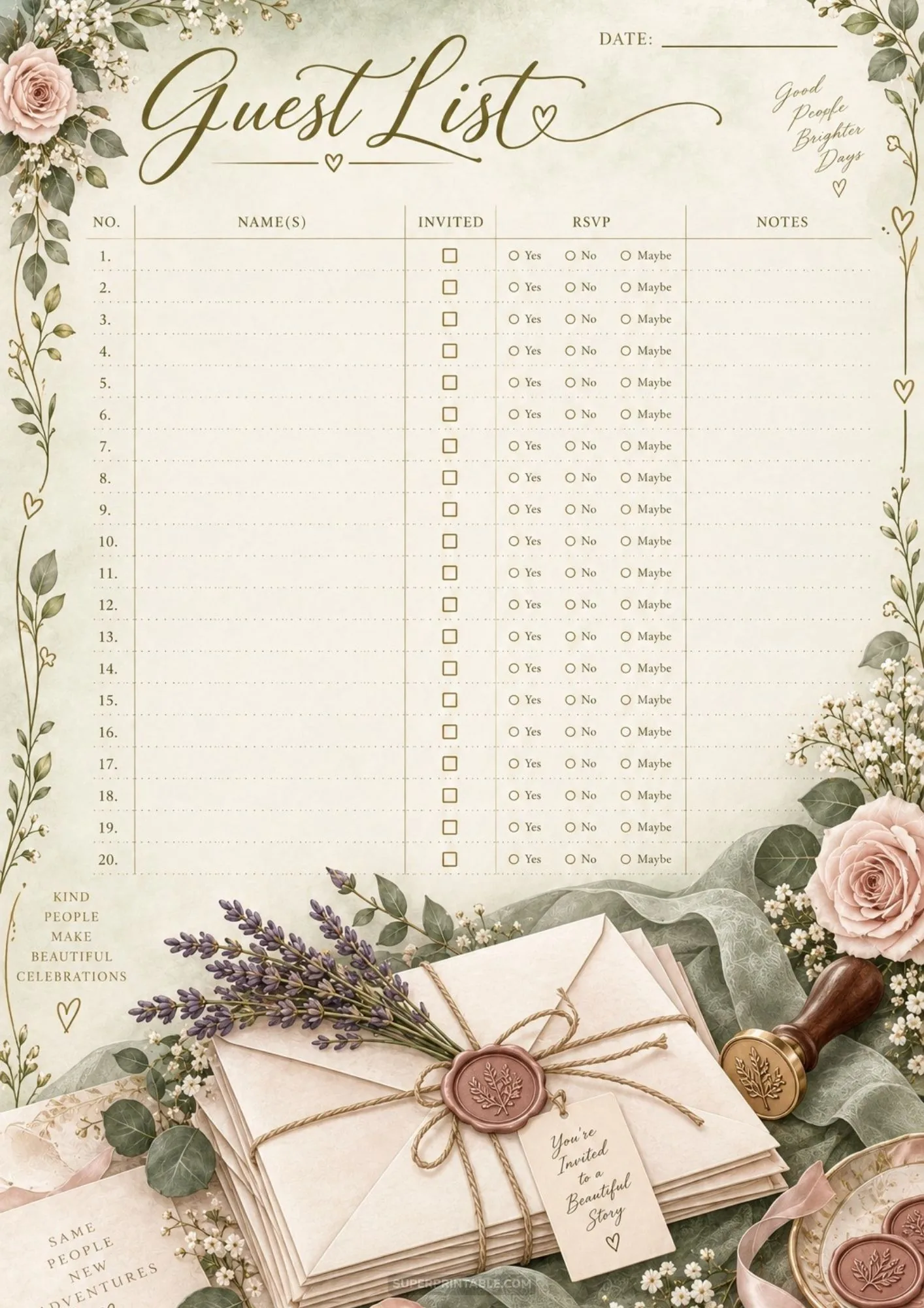Printable wedding guest list sheet with floral border and RSVP columns