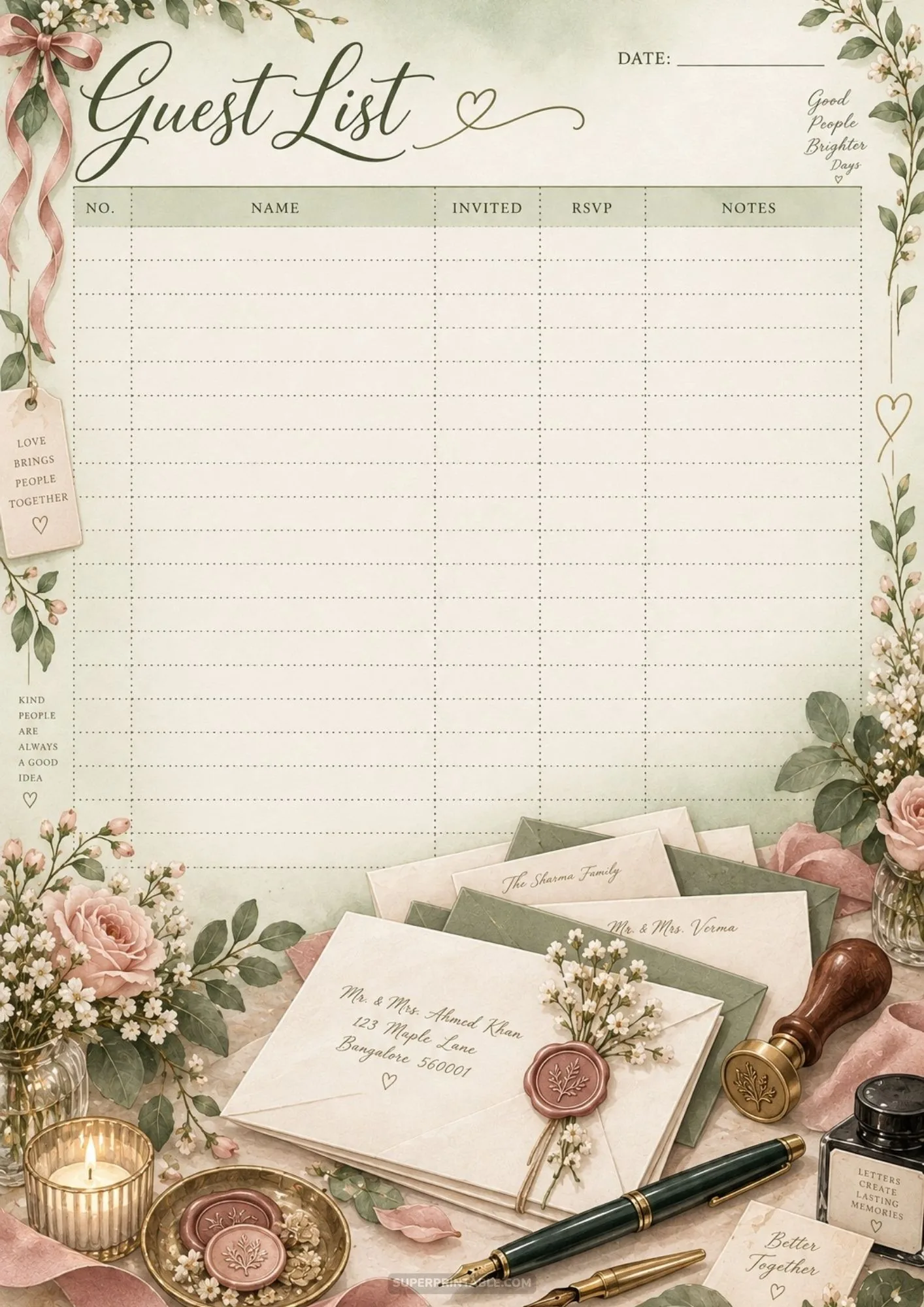 Sage green guest list grid sheet with addressed envelopes and fountain pen