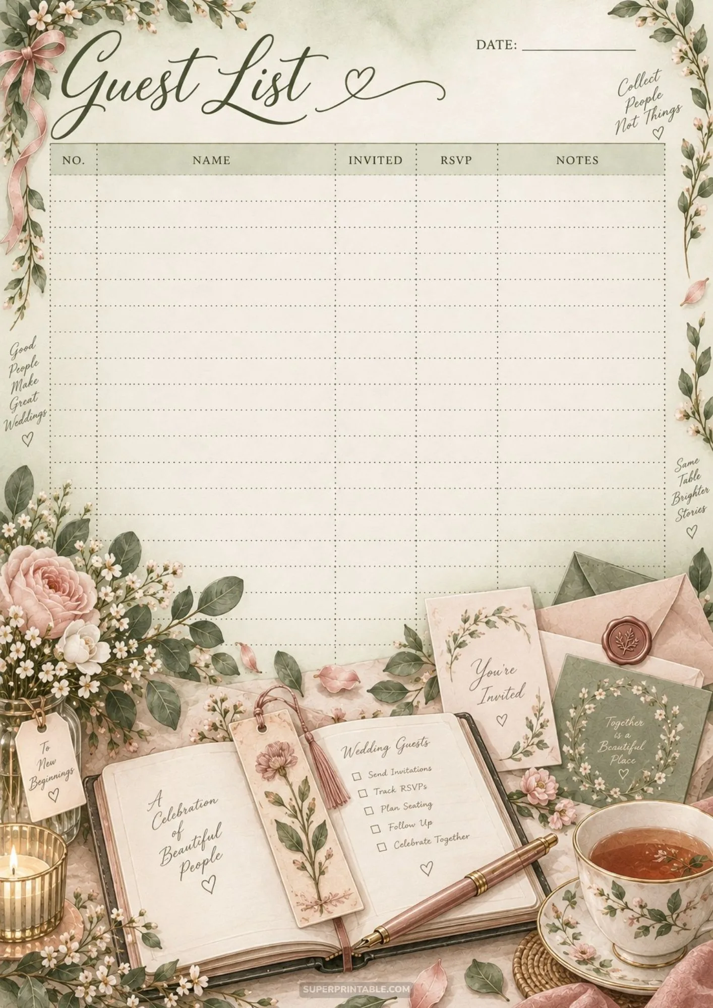 Earthy green wedding guest list chart with floral logbook and warm tea cup