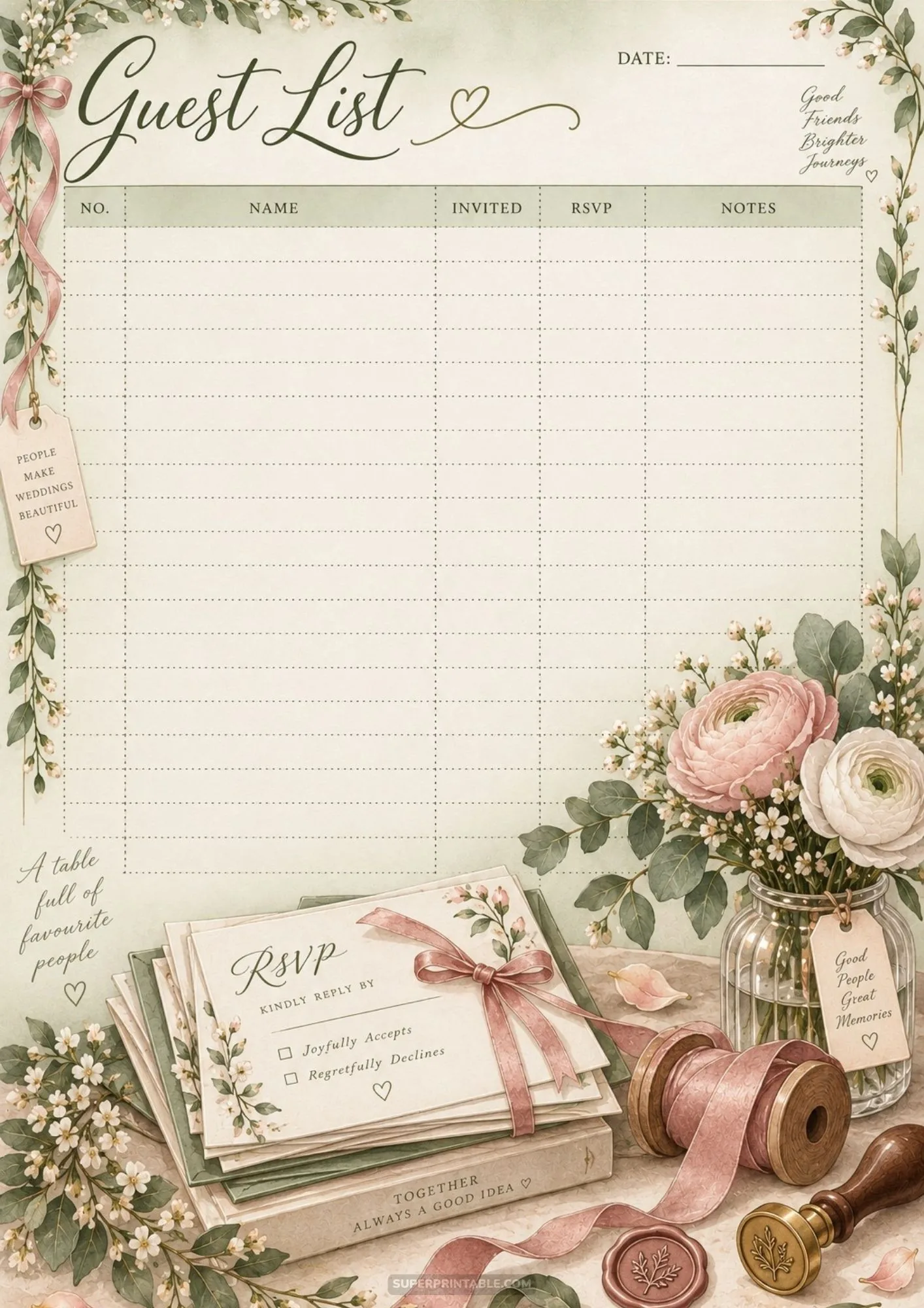 Botanical printable wedding guest sheet with silk ribbon and response cards