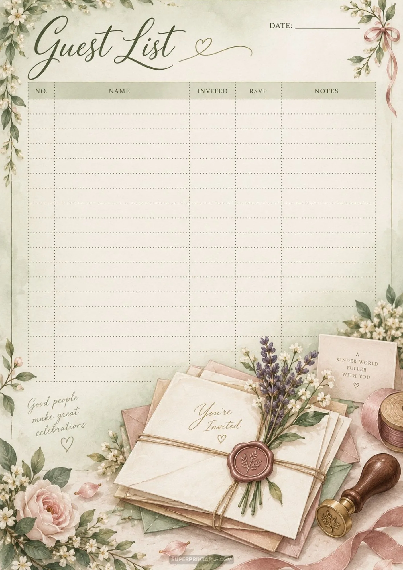 Pastel green wedding guest list template with lavender wax seal accent