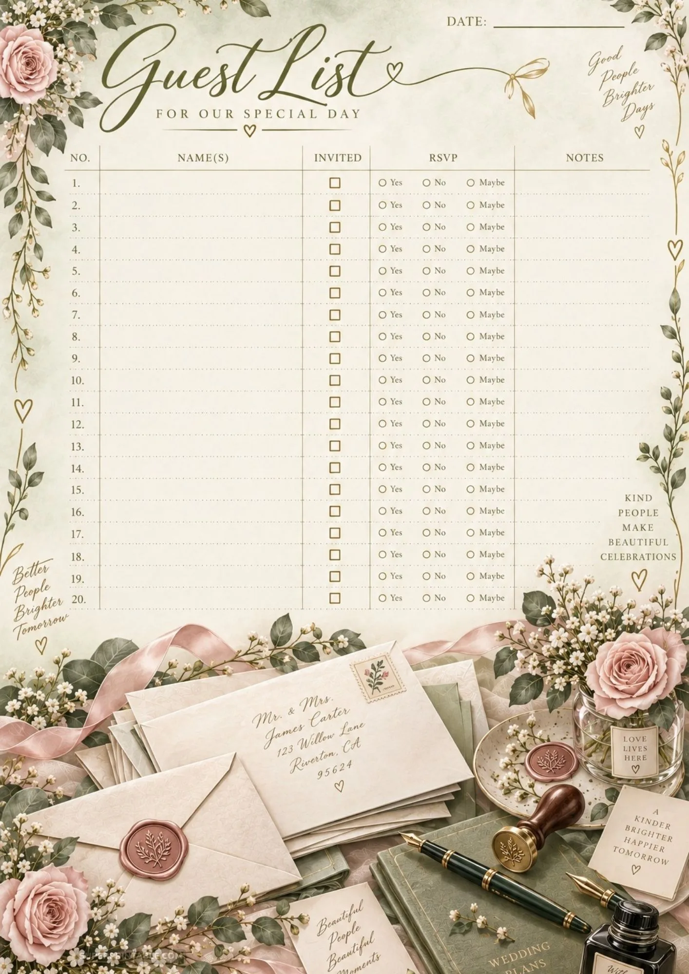 Vintage botanical guest list printable with rose florals and RSVP tracking