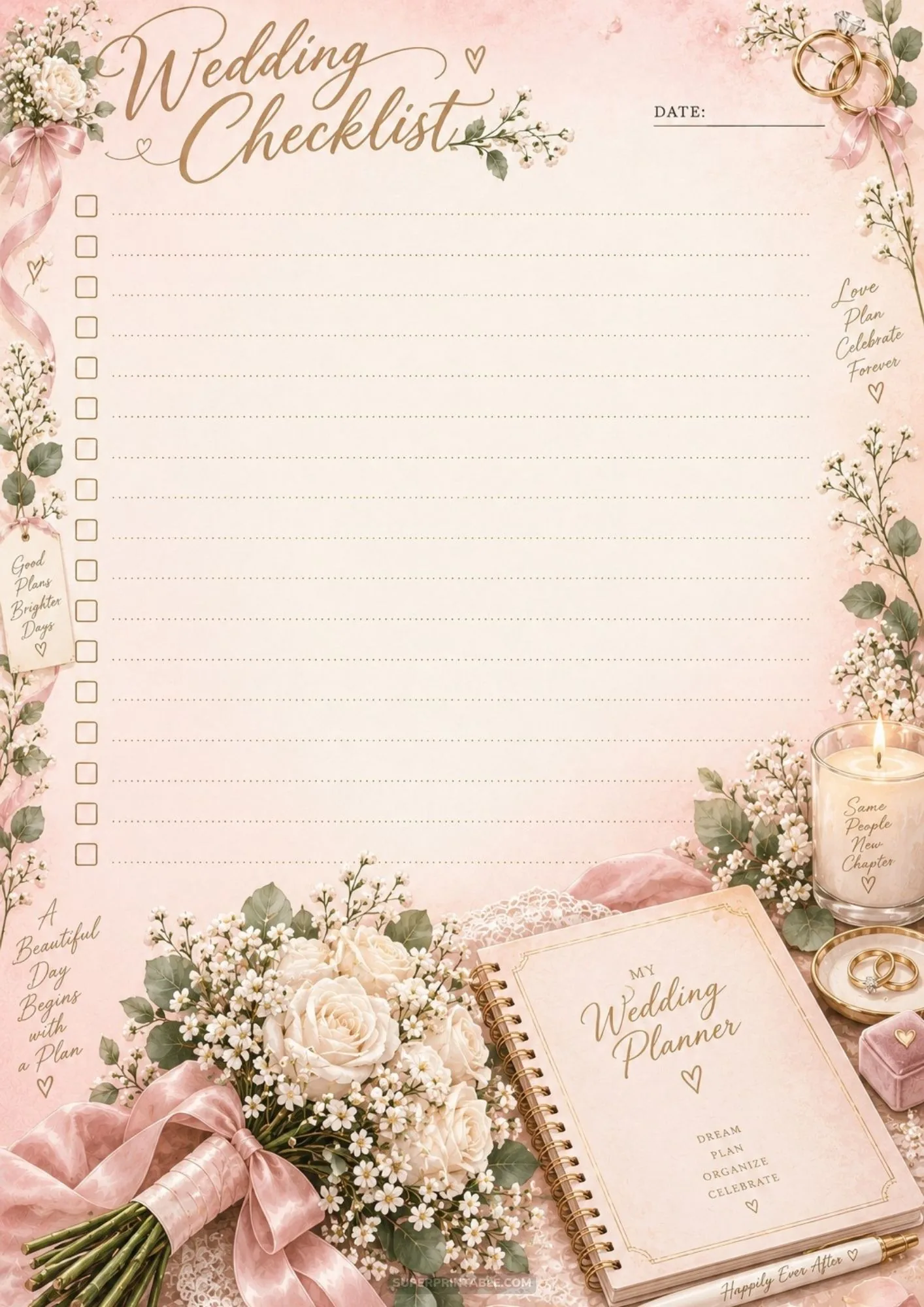 Floral wedding planner sheet with white roses, spiral notebook, and elegant gold rings.