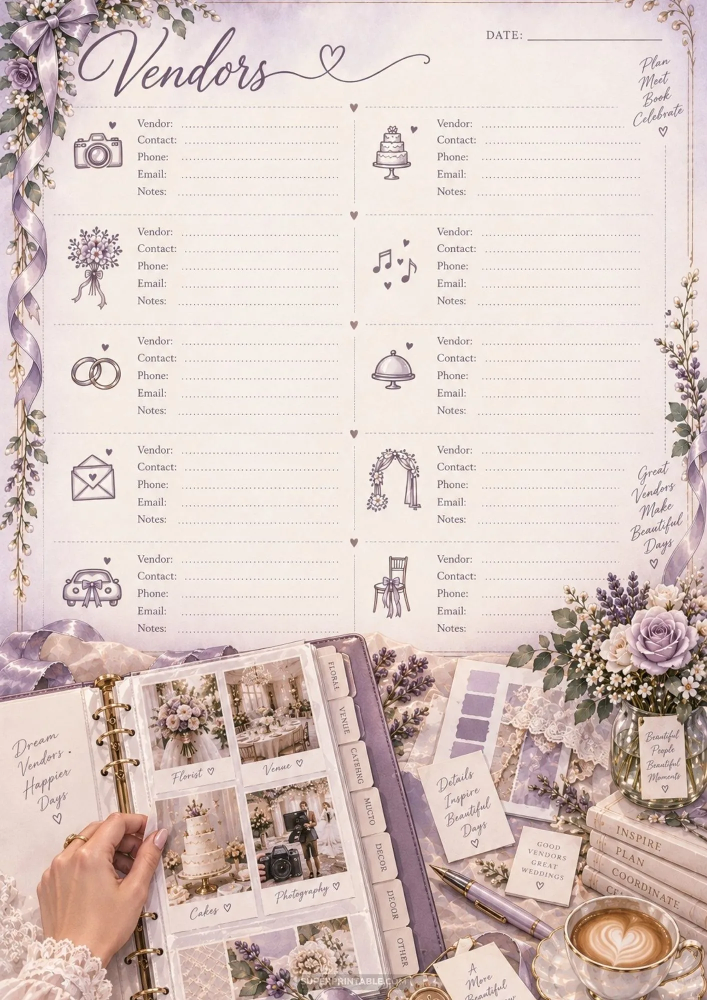 Vendor log sheet displayed above an open photo binder of wedding inspiration.