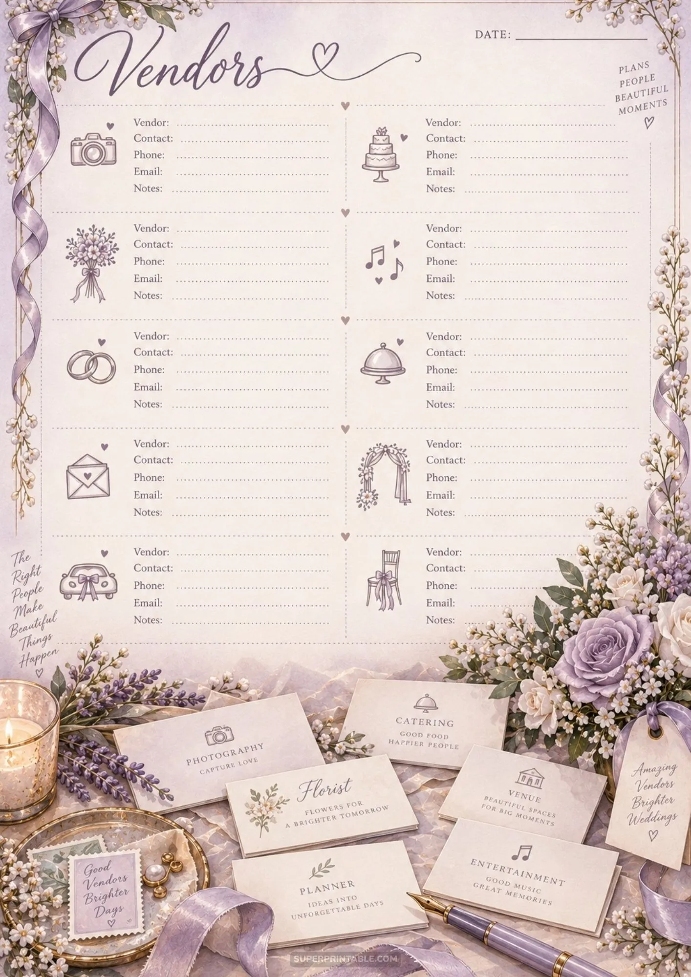 Printable vendor organization form surrounded by lavender floral business cards.