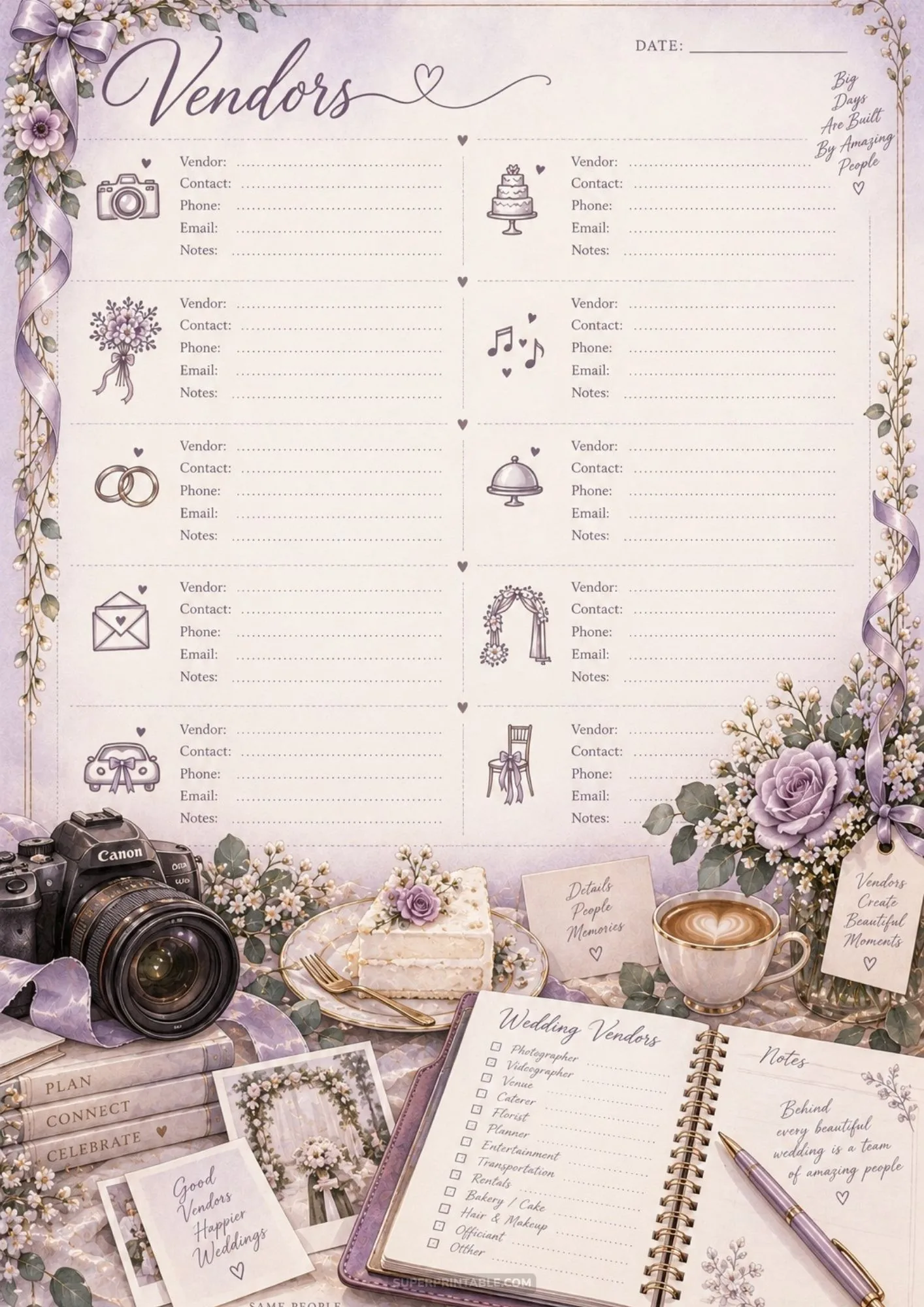 Printable wedding vendor contact list with DSLR camera and slice of cake.