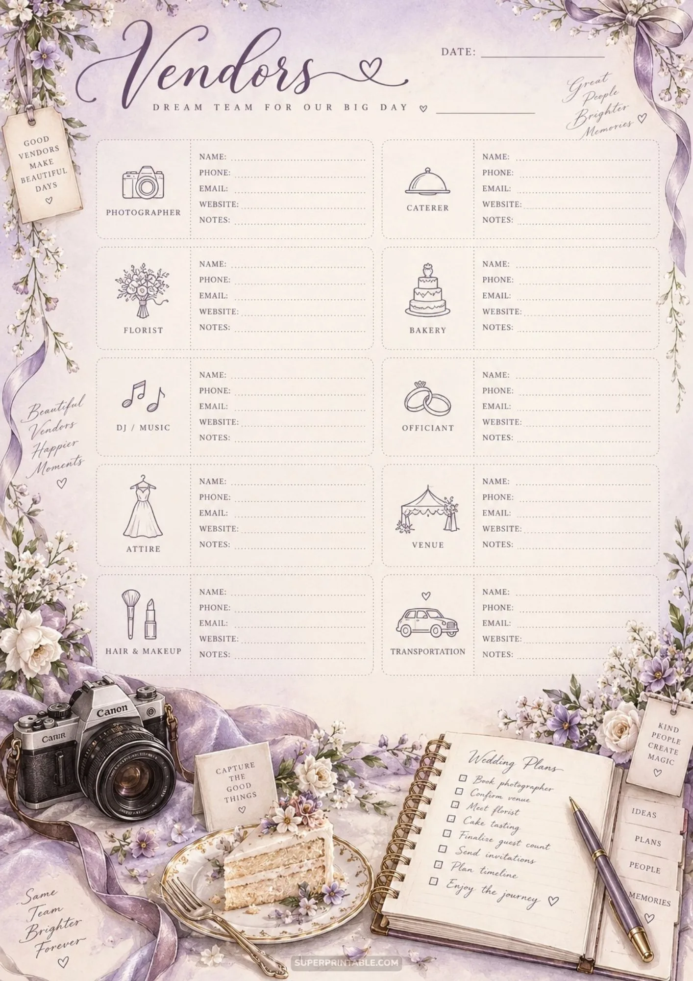 Printable wedding vendor contact sheet listing ten dream team service categories.