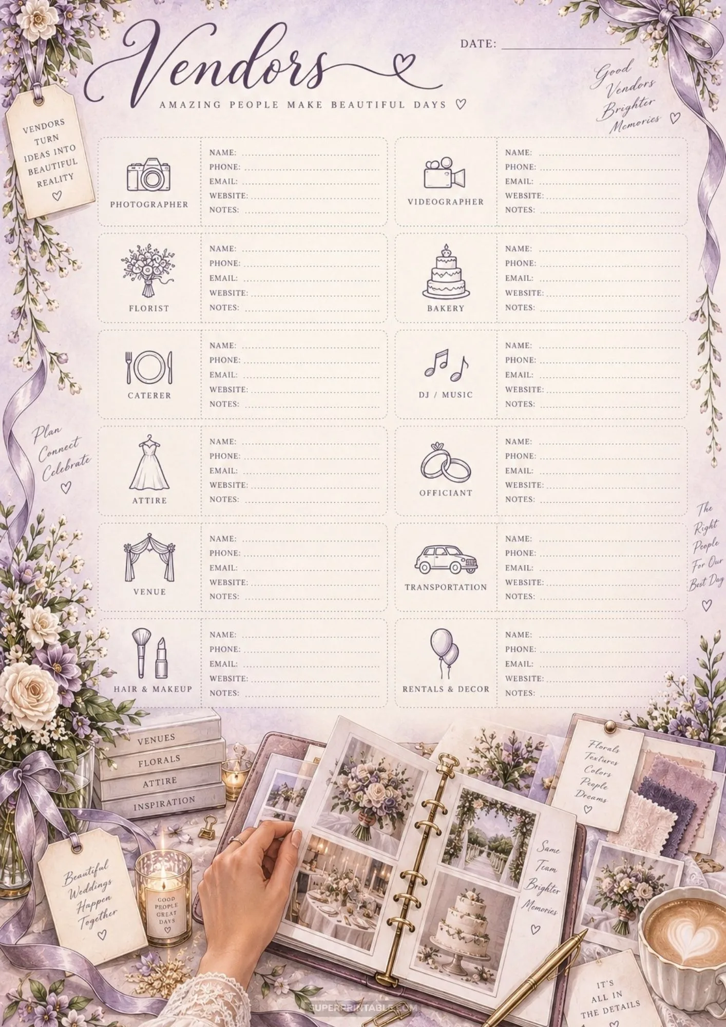 Wedding supplier tracker page with open photo album binder showing vendor samples.