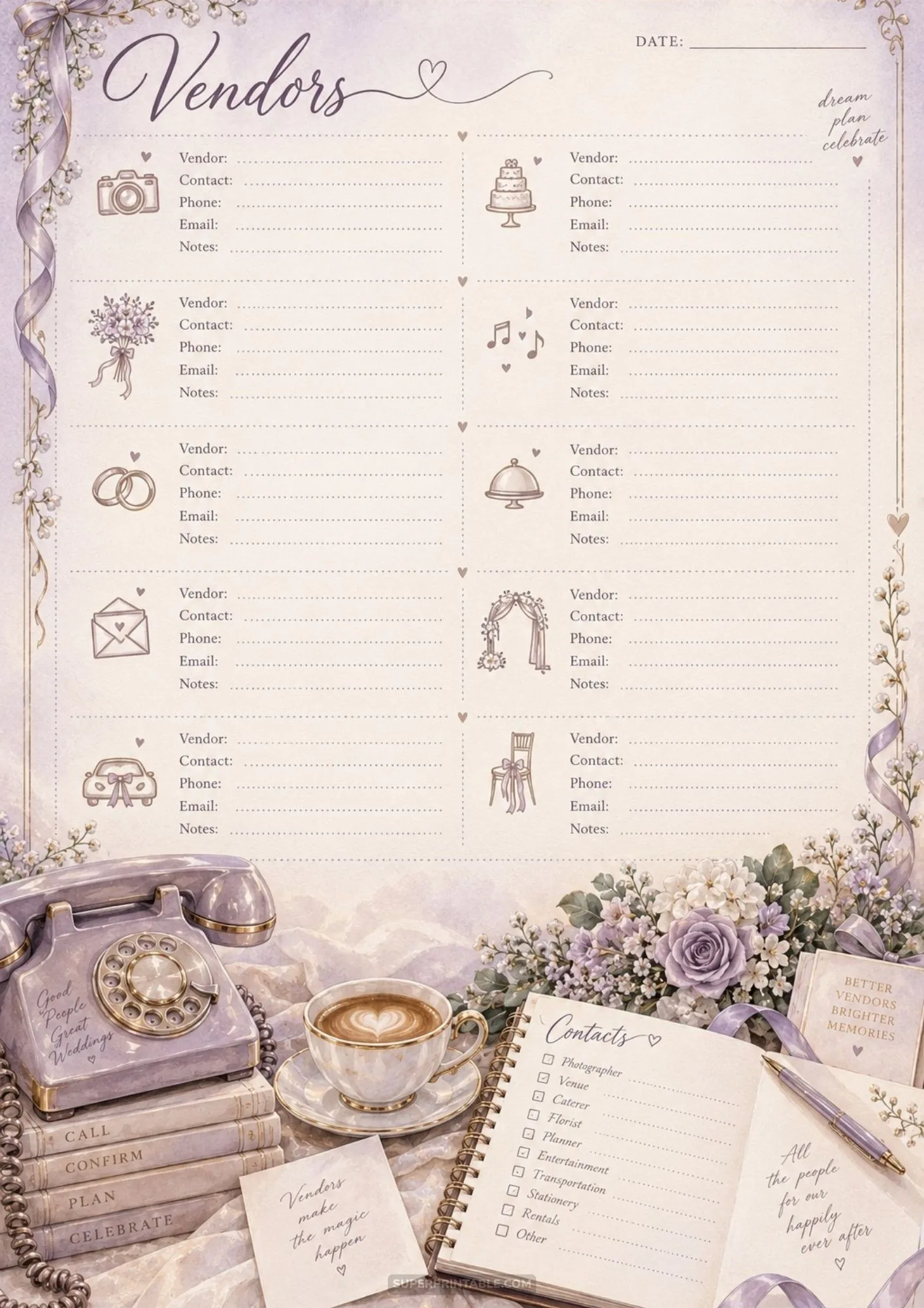Printable wedding vendor contact sheet with lavender rotary phone and coffee.