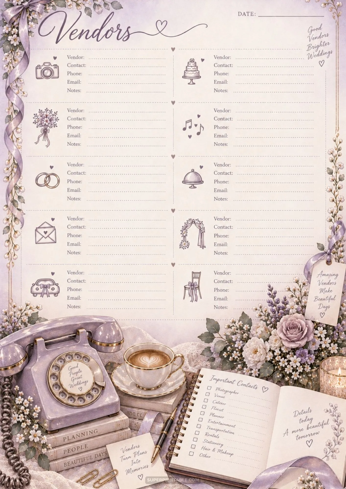 Pastel vendor directory checklist with vintage telephone and flower arrangement.