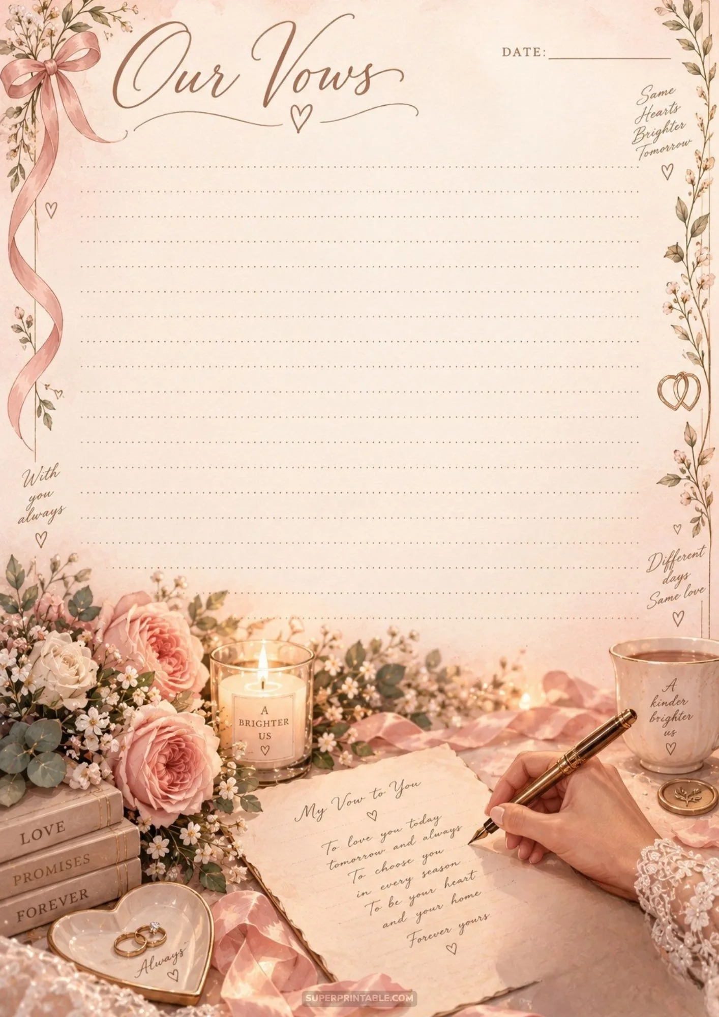 Lined wedding vow stationery sheets with bride writing vows beside pink roses and wedding rings.