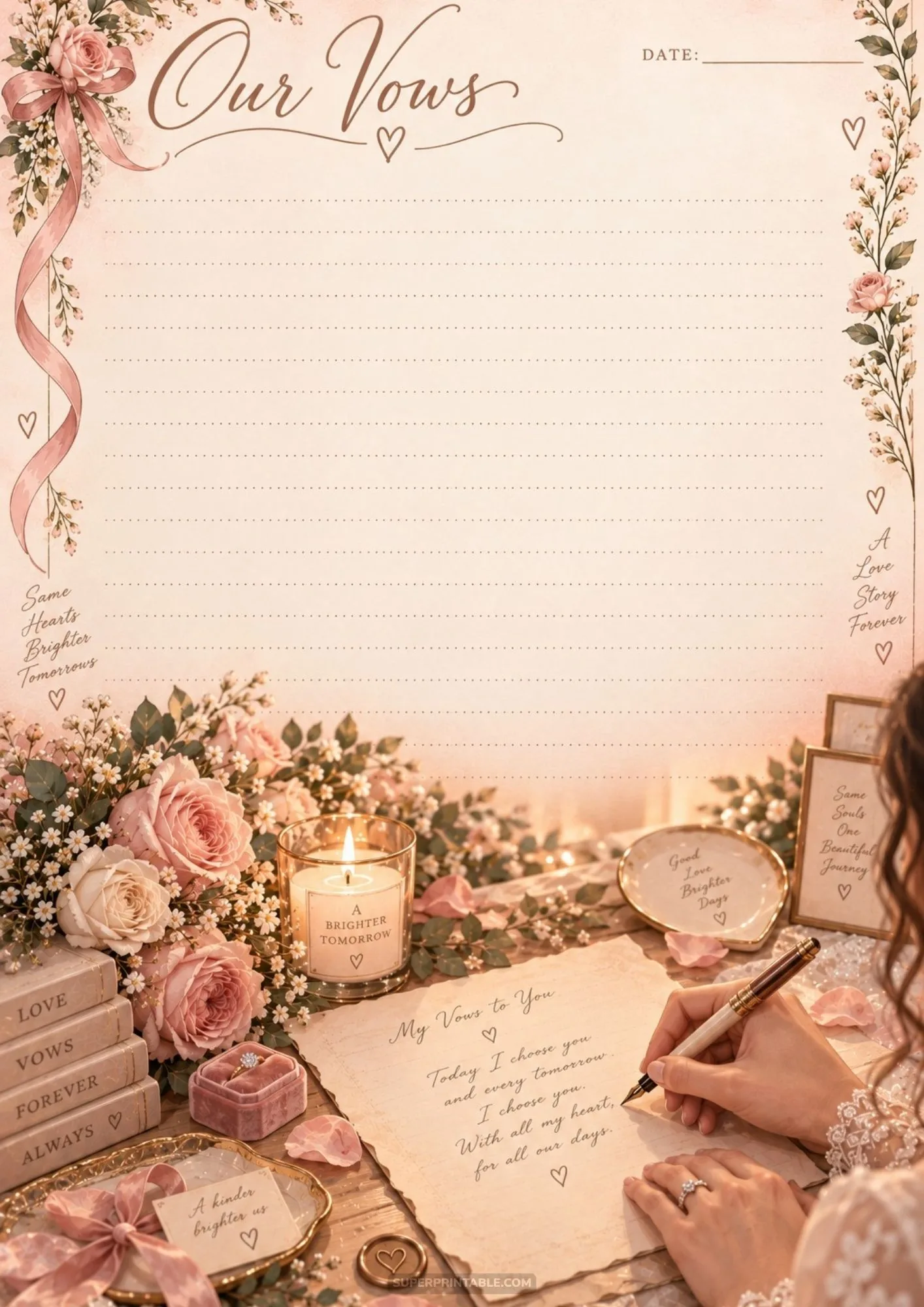 Elegant pink lined writing sheet showing bride writing parchment note beside velvet ring box and roses.