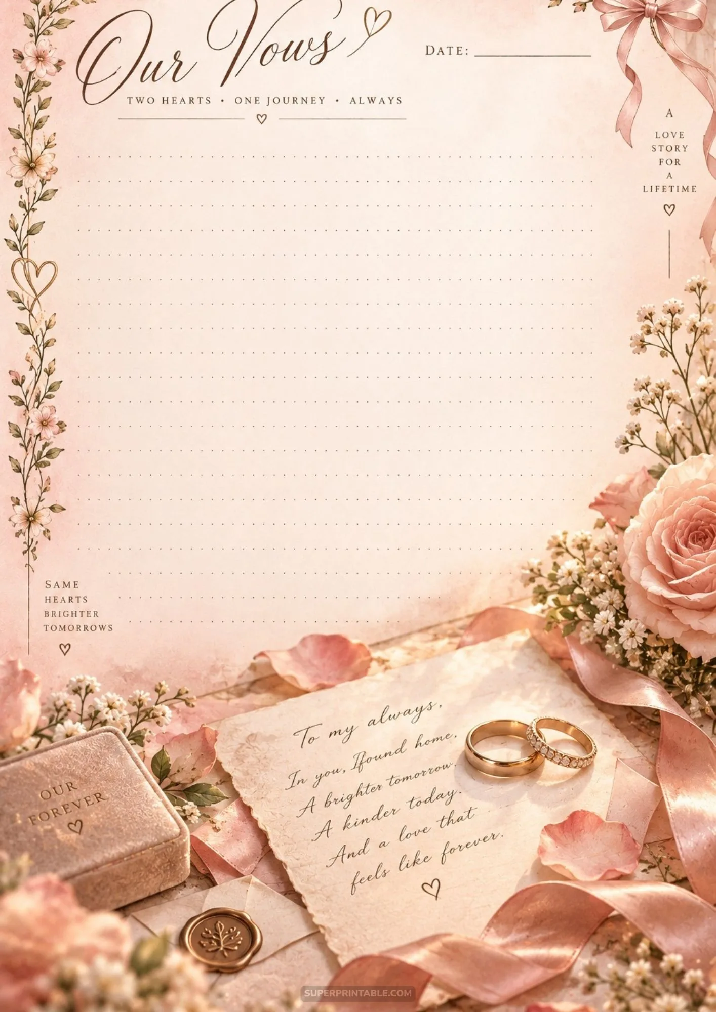 Romantic lined writing page with love letter calligraphy, pair of gold rings, and soft pink rose petals.