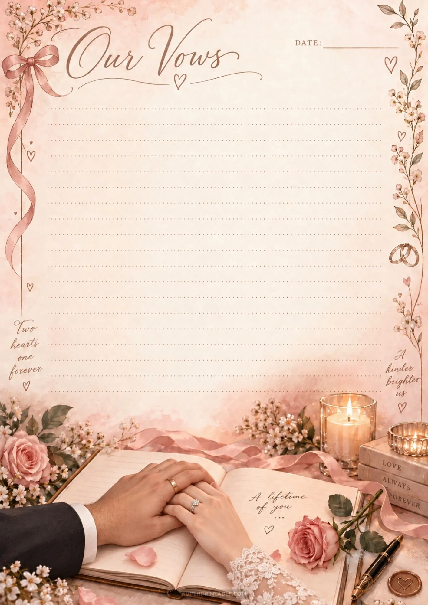 Printable wedding vow stationery sheets featuring couple holding hands over an open book with pink roses.