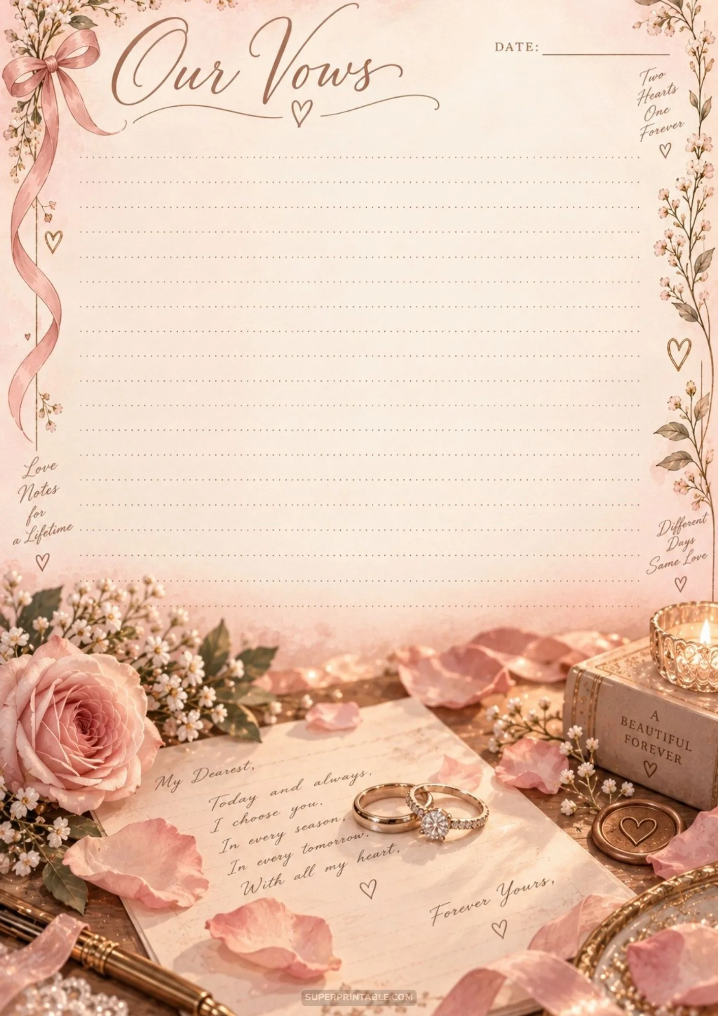 Floral bordered lined letterhead paper with romantic handwritten parchment note, gold rings, and blush rose.