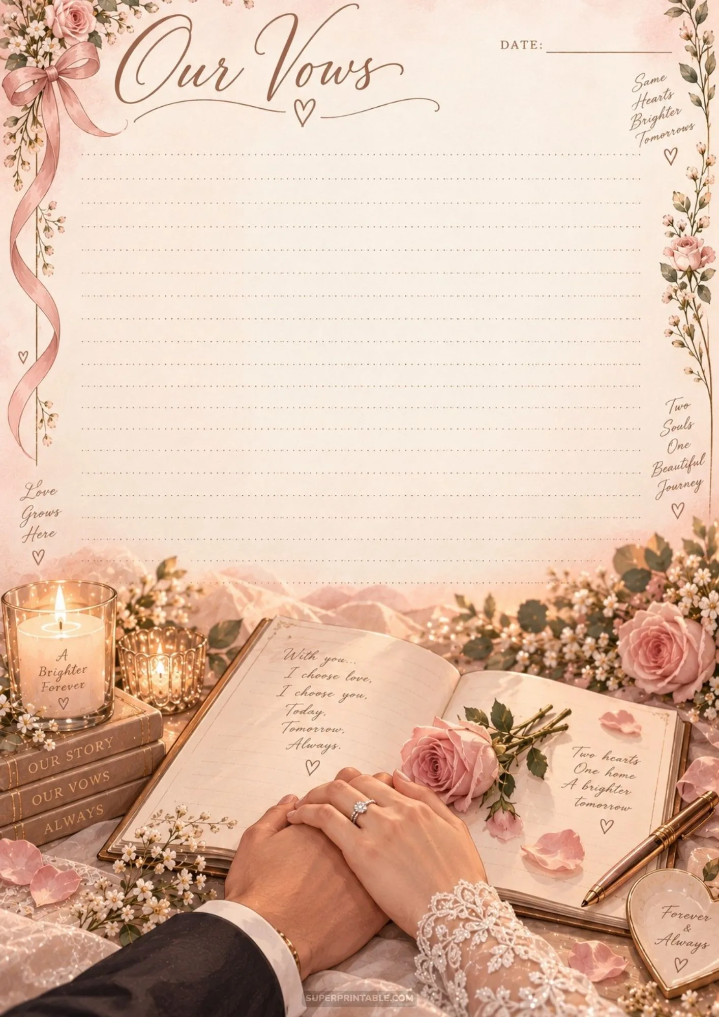 Soft pink lined writing paper with bride and groom holding hands over an open vow keepsake journal.