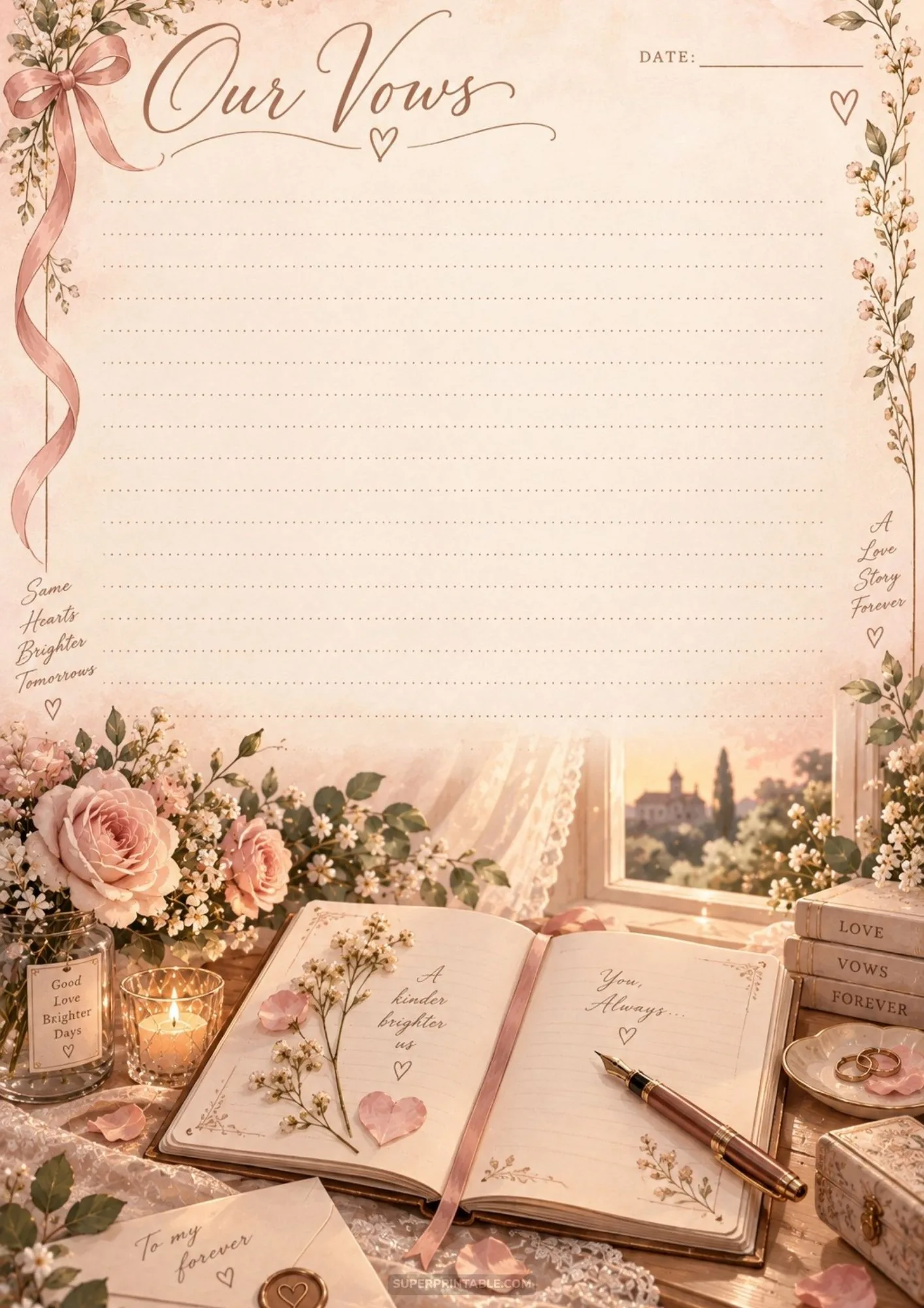 Lined love note paper beside open journal on wooden desk by sunlit window with pink floral arrangement.