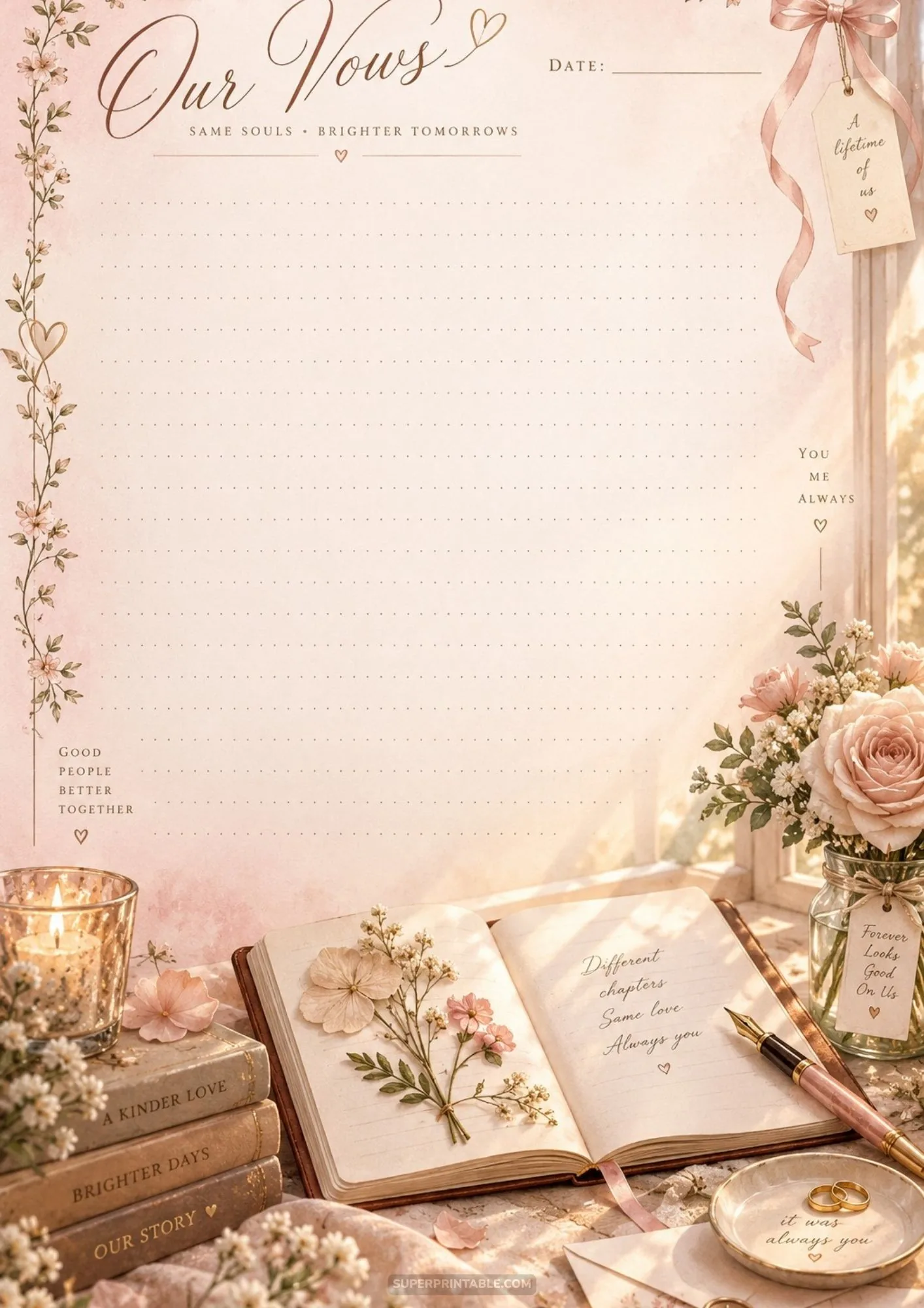Blush lined letterhead sheet displaying open journal with pressed flowers by sunny window and tea cup.