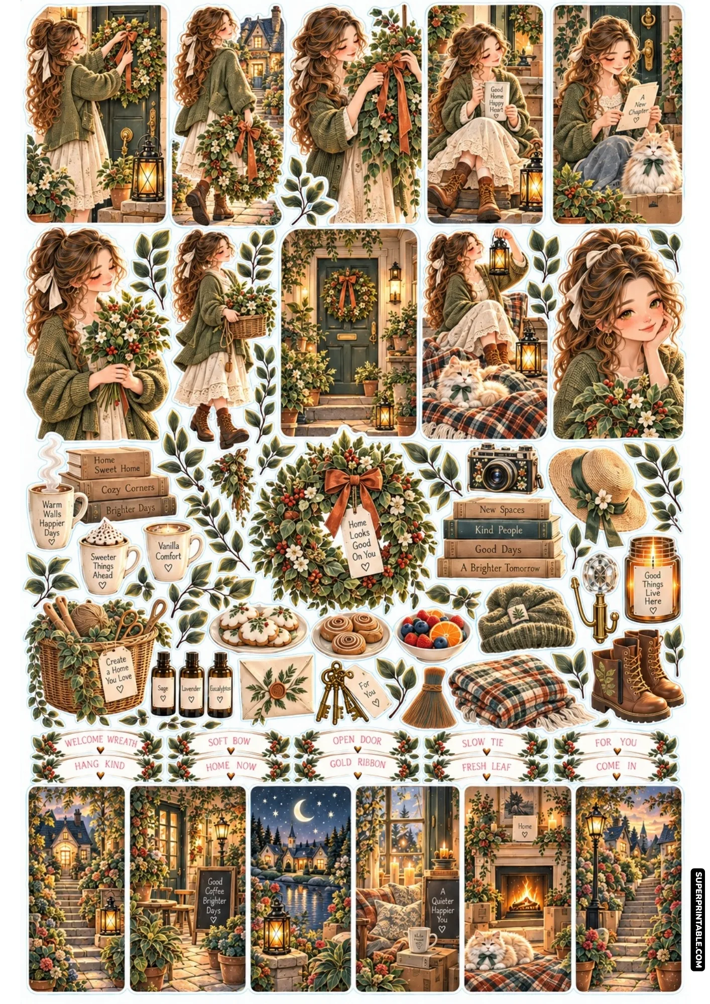 Handcrafted front door welcome wreath sticker sheet with autumn berries, rustic lanterns, and cozy decor accents