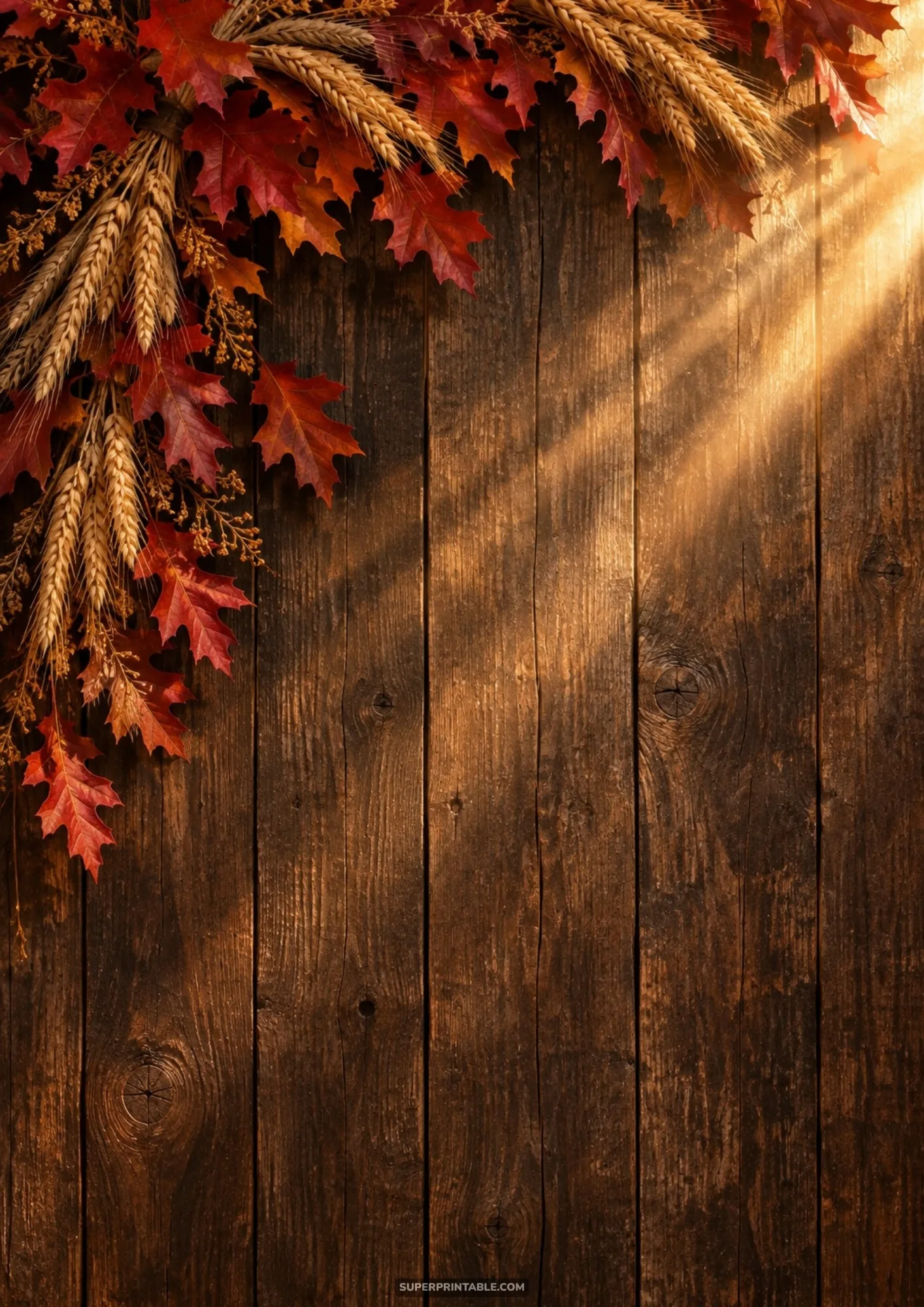 Crisp red oak leaves and dried wheat stalks framing rustic vertical dark wood planks