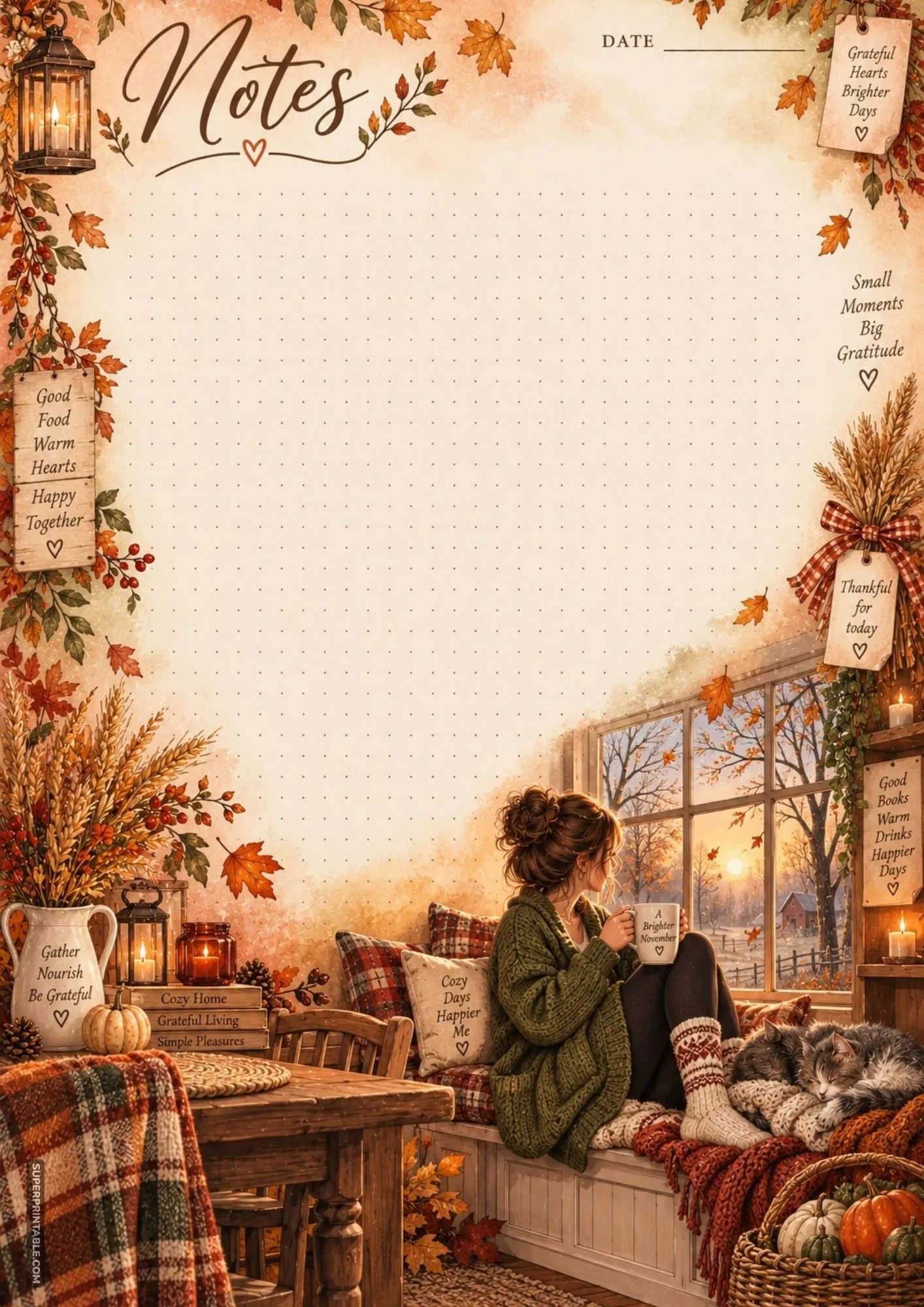 Dot grid november notes pages design featuring a woman in a green cardigan enjoying a sunset from a cozy window seat.