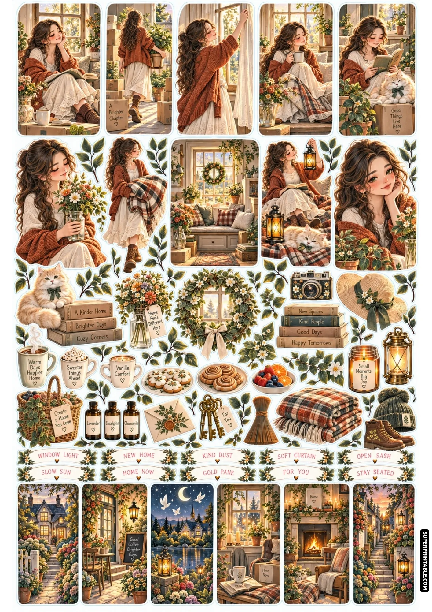 Peaceful window bench reading nook sticker sheet with soft sunlight, warm blankets, and serene cottage interiors