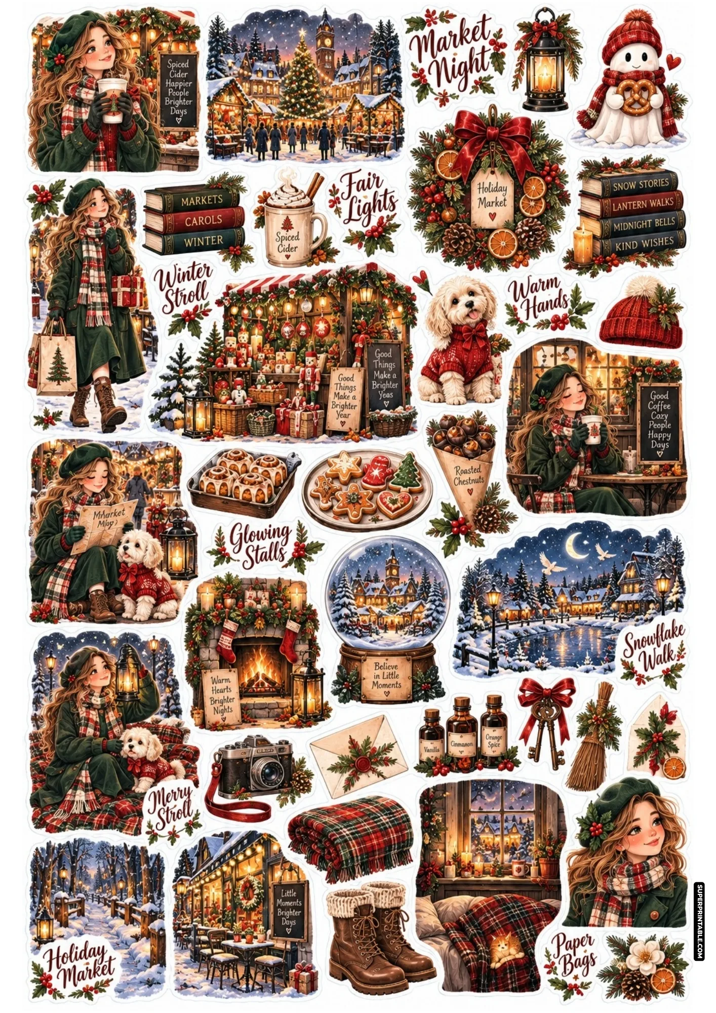 Holiday market sticker sheet depicting illuminated Christmas fair stalls, spiced cider, and gingerbread cookies.
