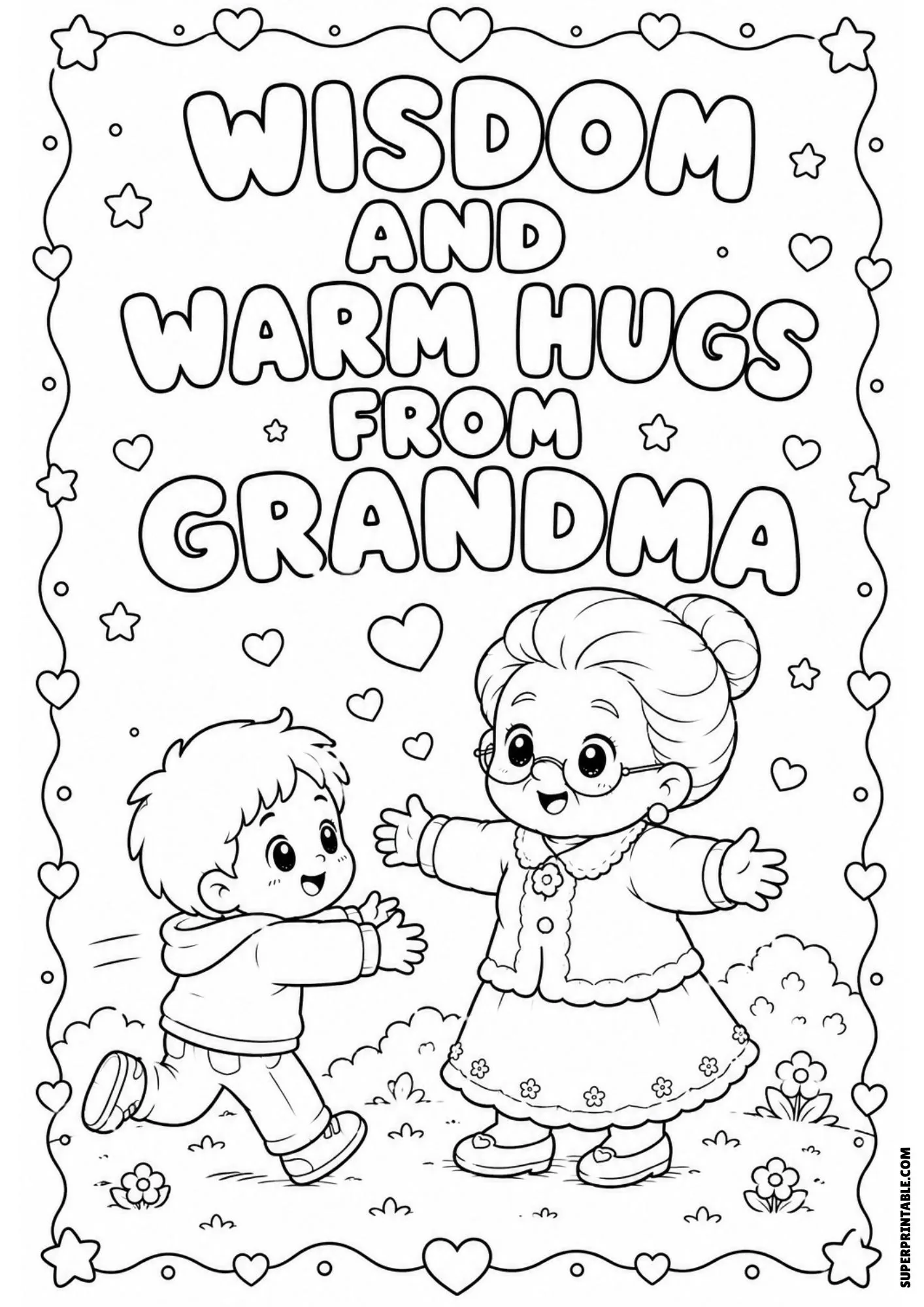 Coloring page of a grandmother opening her arms to hug a young boy running toward her.