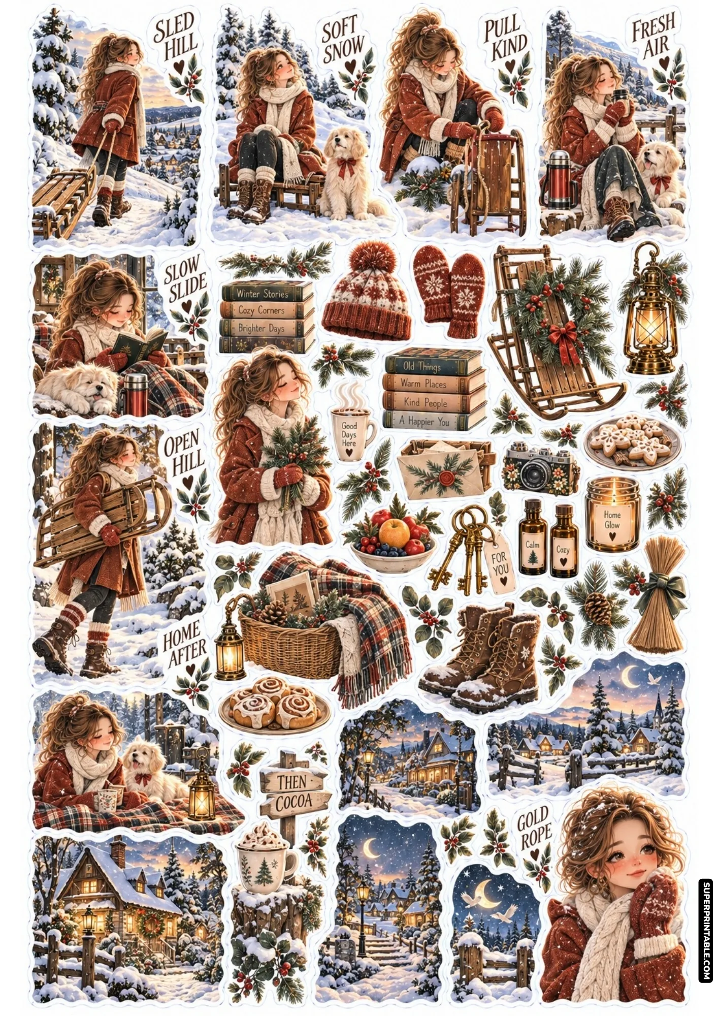 Rustic snow day sticker sheets with vintage wooden sleds, terracotta winter coats, and golden puppies