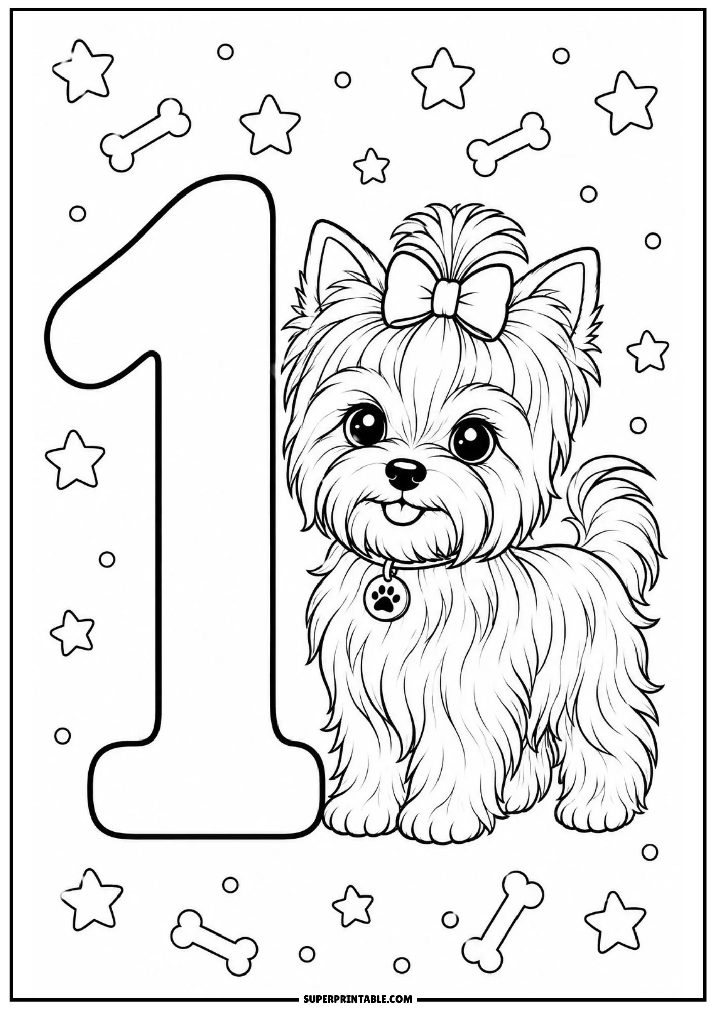 Yorkshire terrier numbers coloring pages showing a fluffy puppy standing next to number one.