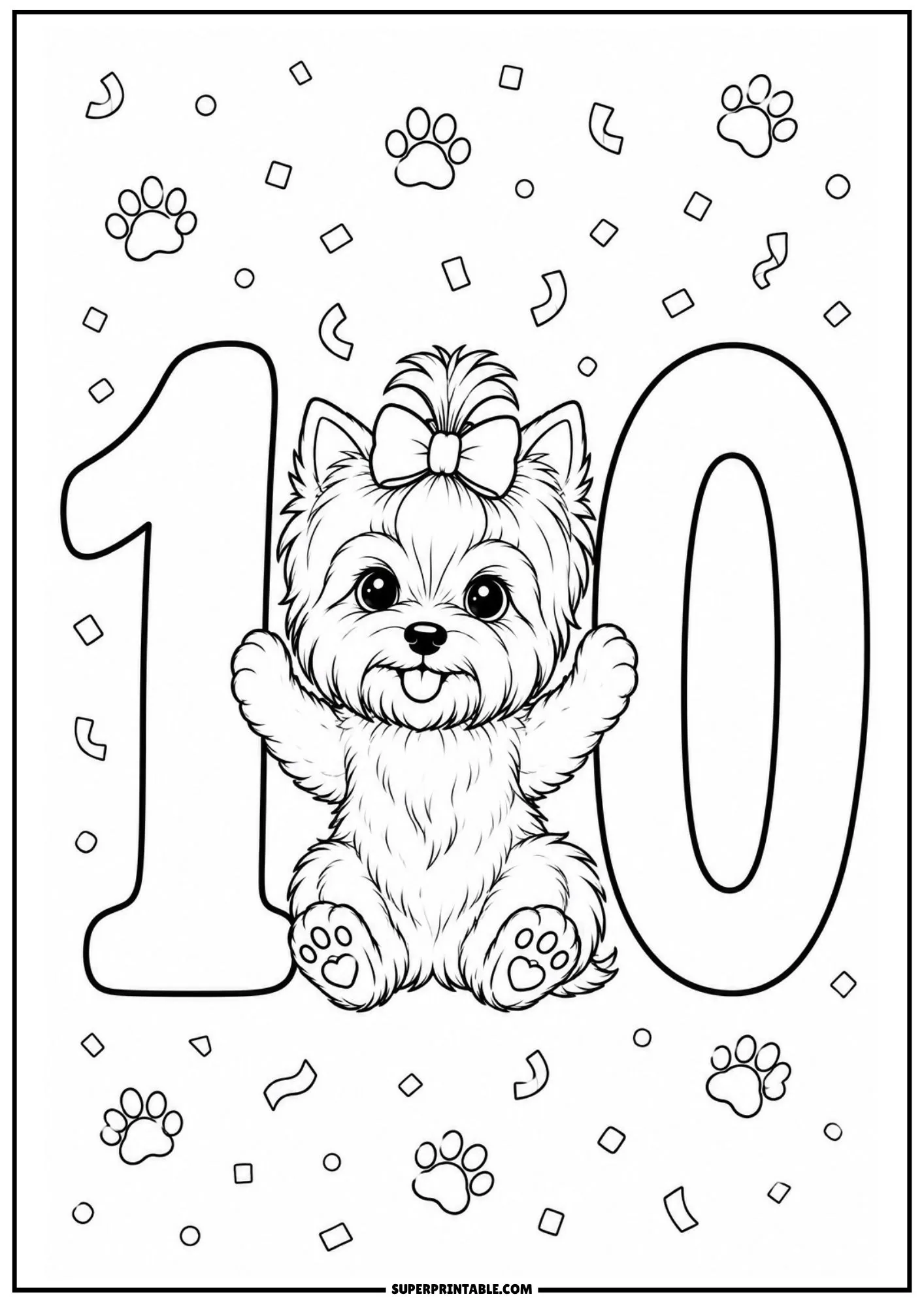 Happy Yorkie puppy sitting between digits of number ten with festive confetti.