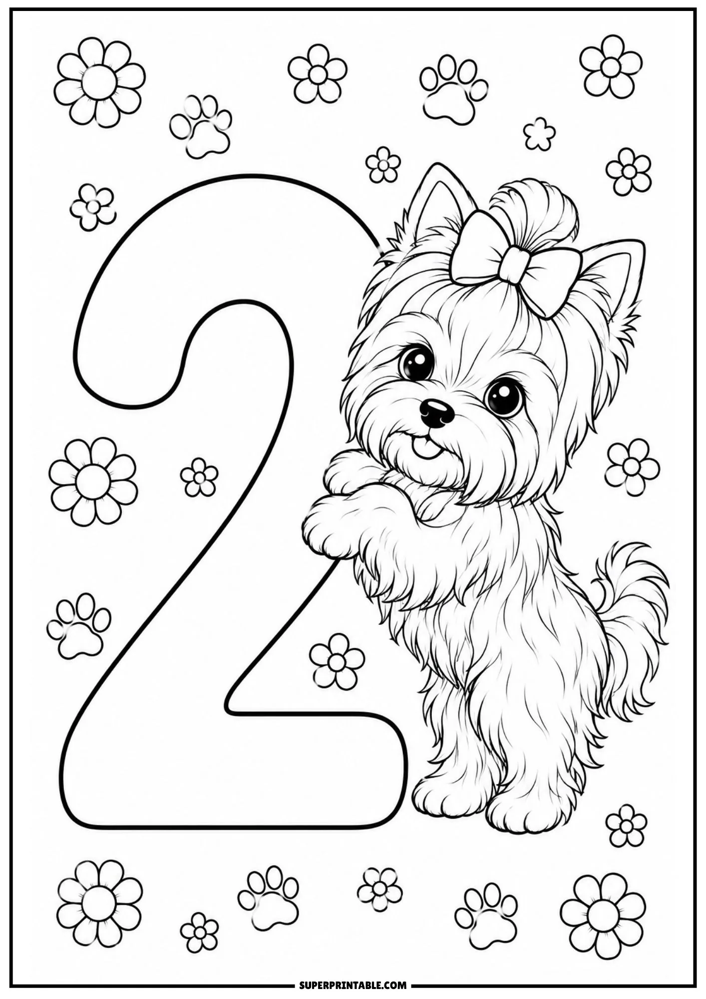 Cute Yorkshire Terrier puppy leaning against a large number two with floral patterns.