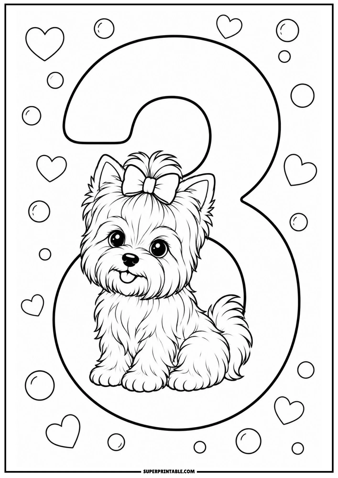 Fluffy Yorkshire Terrier puppy seated inside a large outline of number three with hearts.