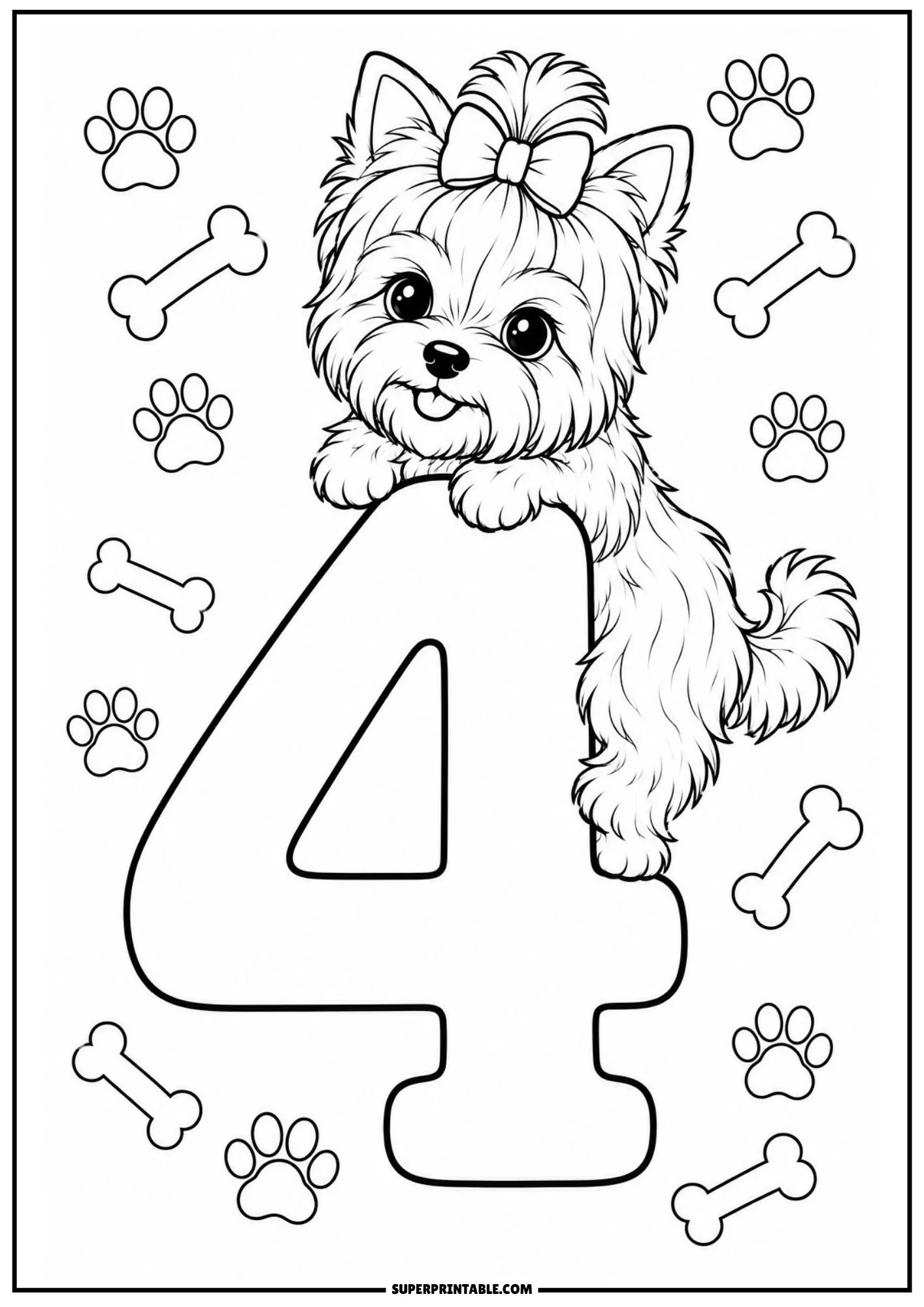 Playful Yorkshire Terrier puppy climbing over a large number four coloring sheet.