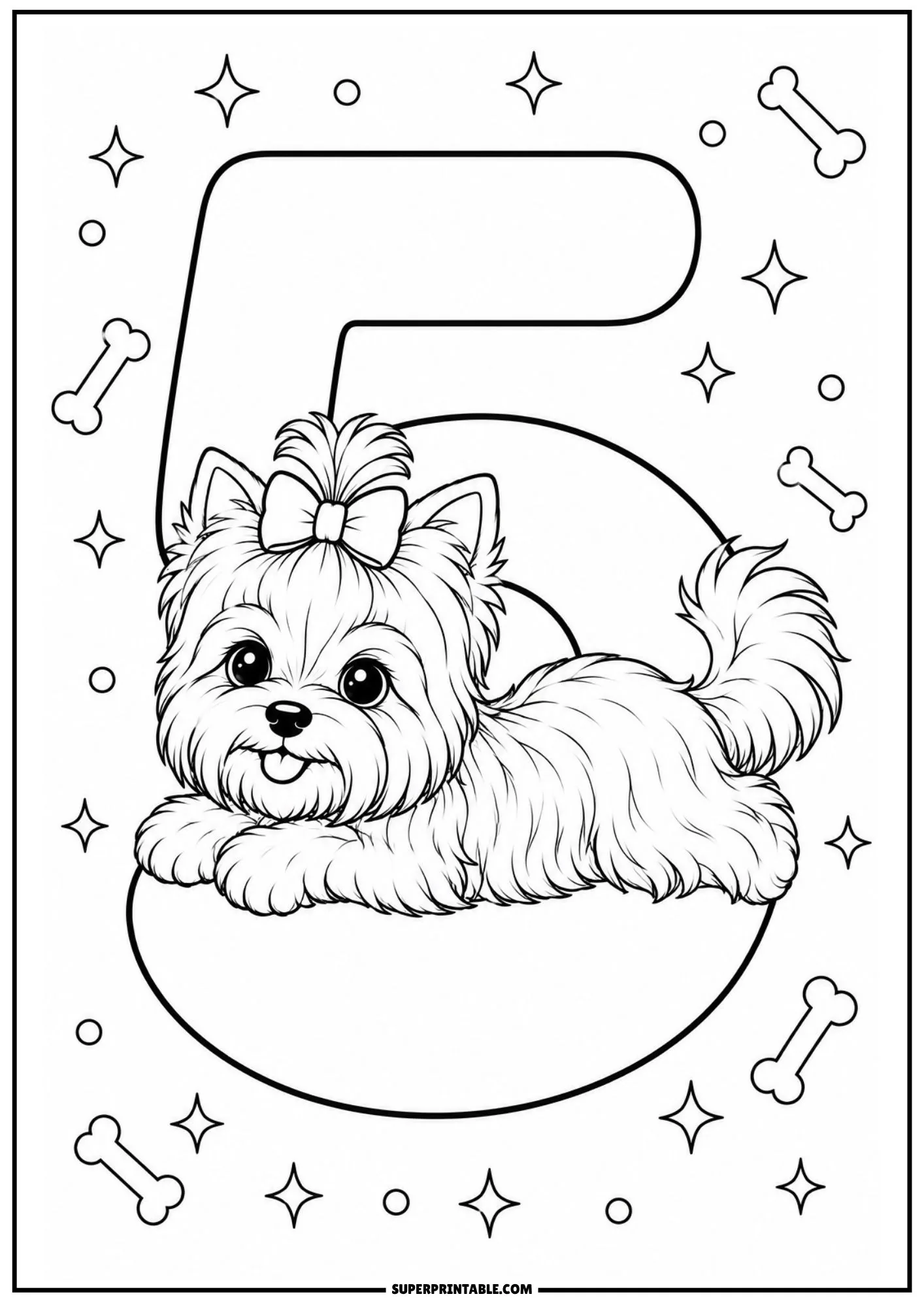Cute Yorkie puppy laying down on top of a big number five outline for coloring.