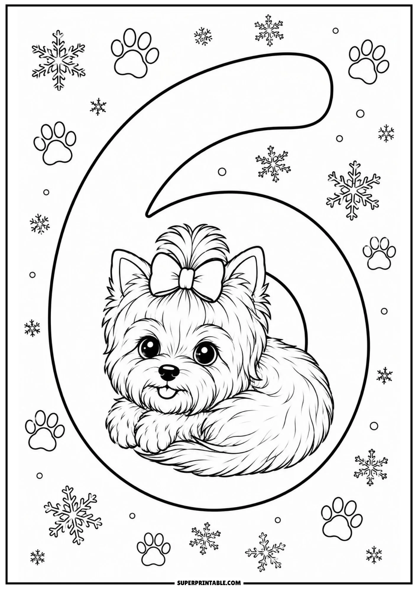 Yorkshire Terrier puppy curled inside a big number six with surrounding snowflakes.