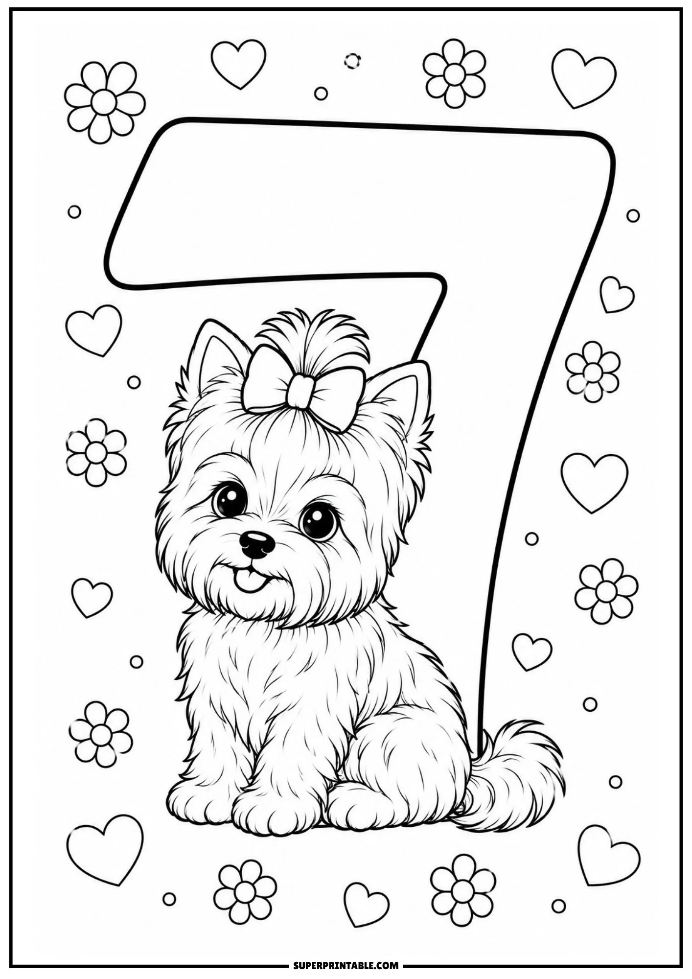 Happy Yorkshire Terrier puppy sitting in front of a tall printable number seven.