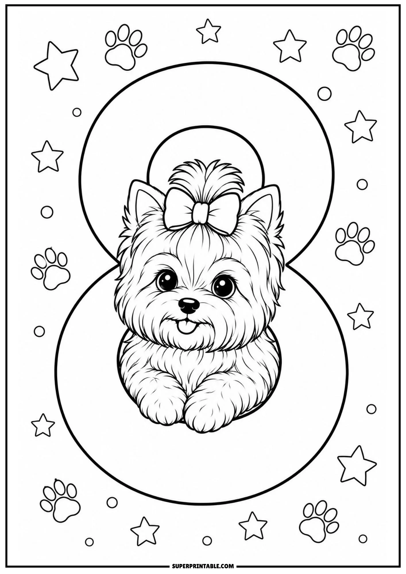 Yorkie puppy peeking through the loop of a large number eight line art illustration.