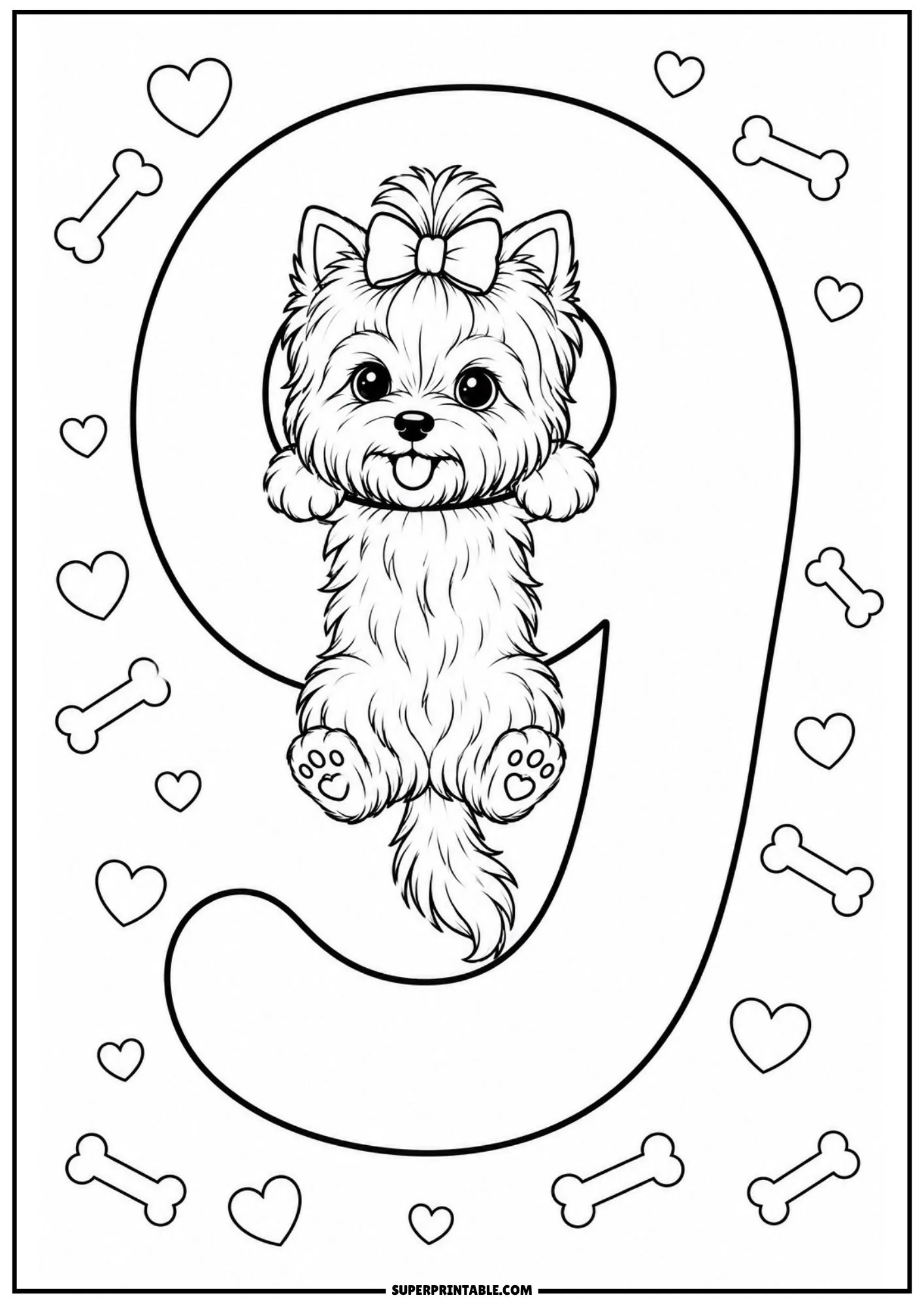 Playful Yorkshire Terrier puppy clinging to a large printable number nine line drawing.